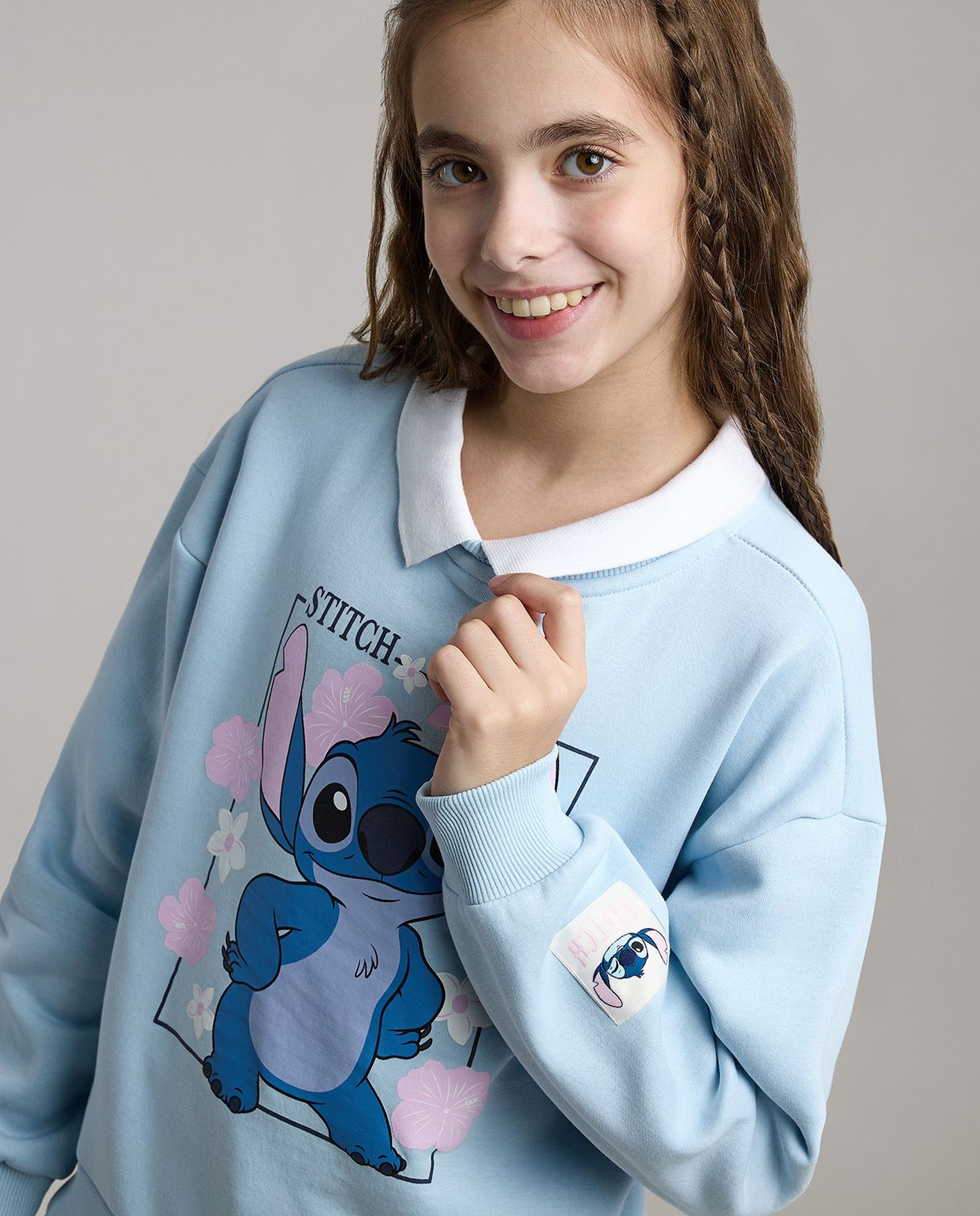 Stitch Print Sweatshirt with Shirt Collar and Long Sleeves