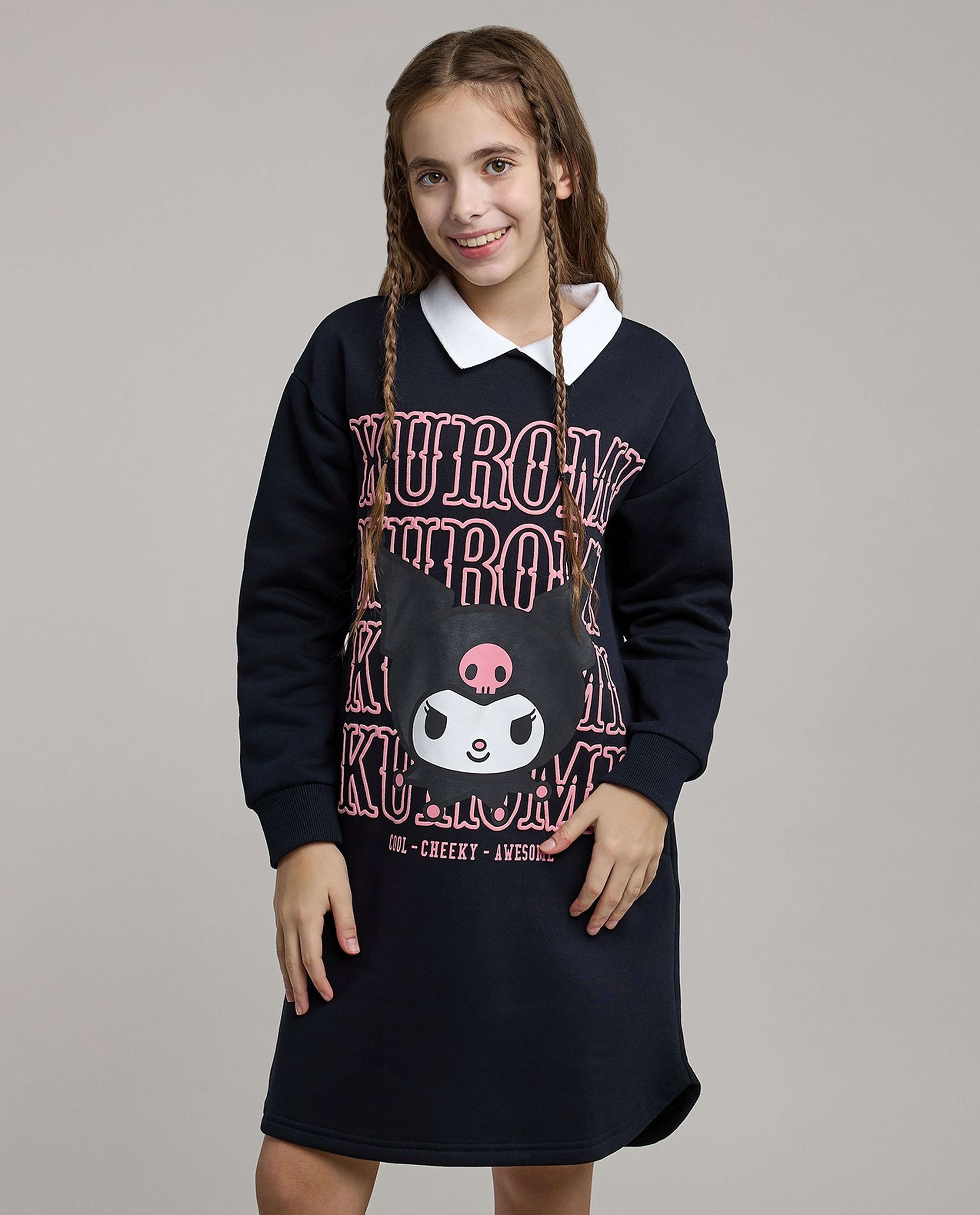 Kuromi Print Sweatdress with Shirt Collar and Long Sleeves