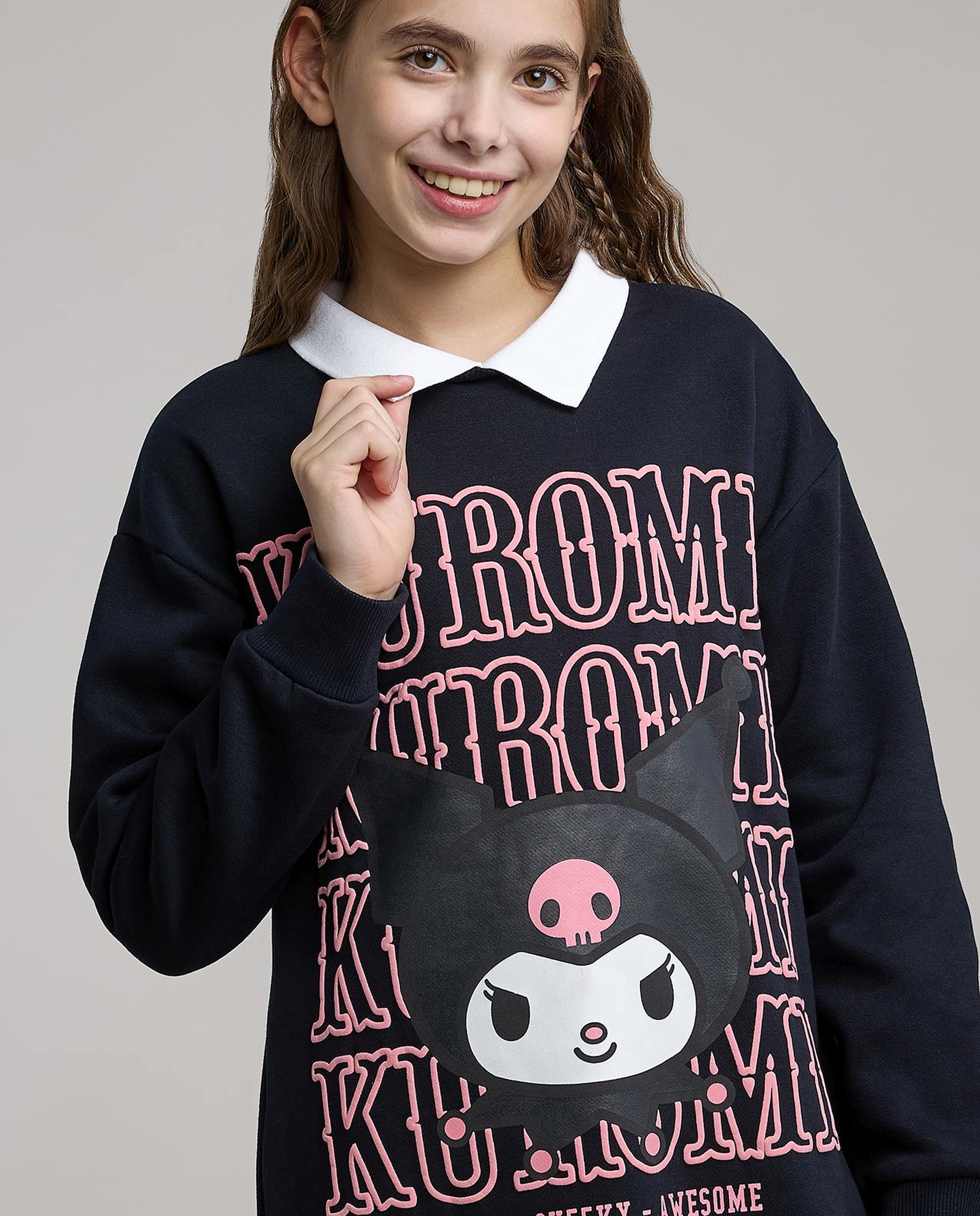 Kuromi Print Sweatdress with Shirt Collar and Long Sleeves