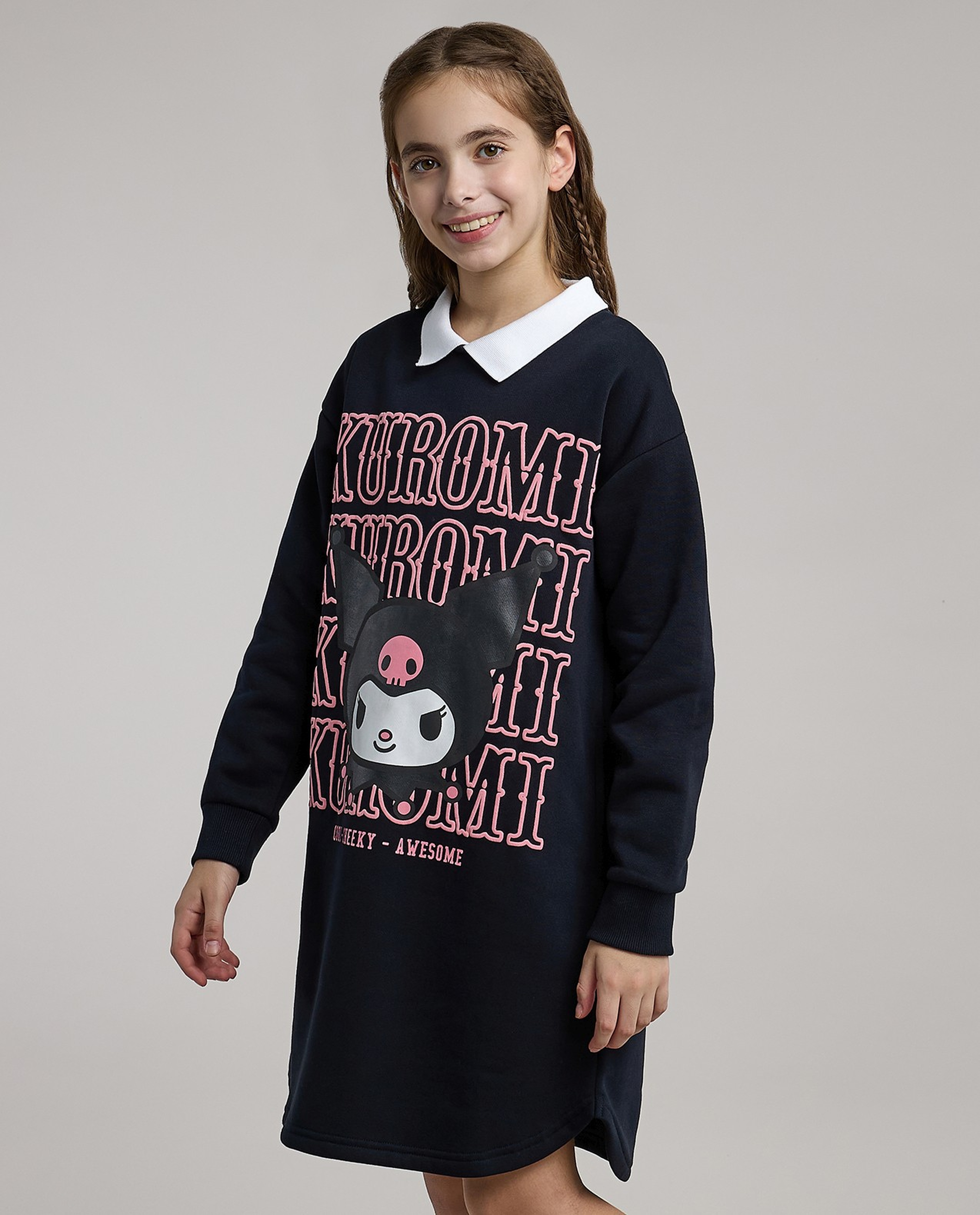 Kuromi Print Sweatdress with Shirt Collar and Long Sleeves