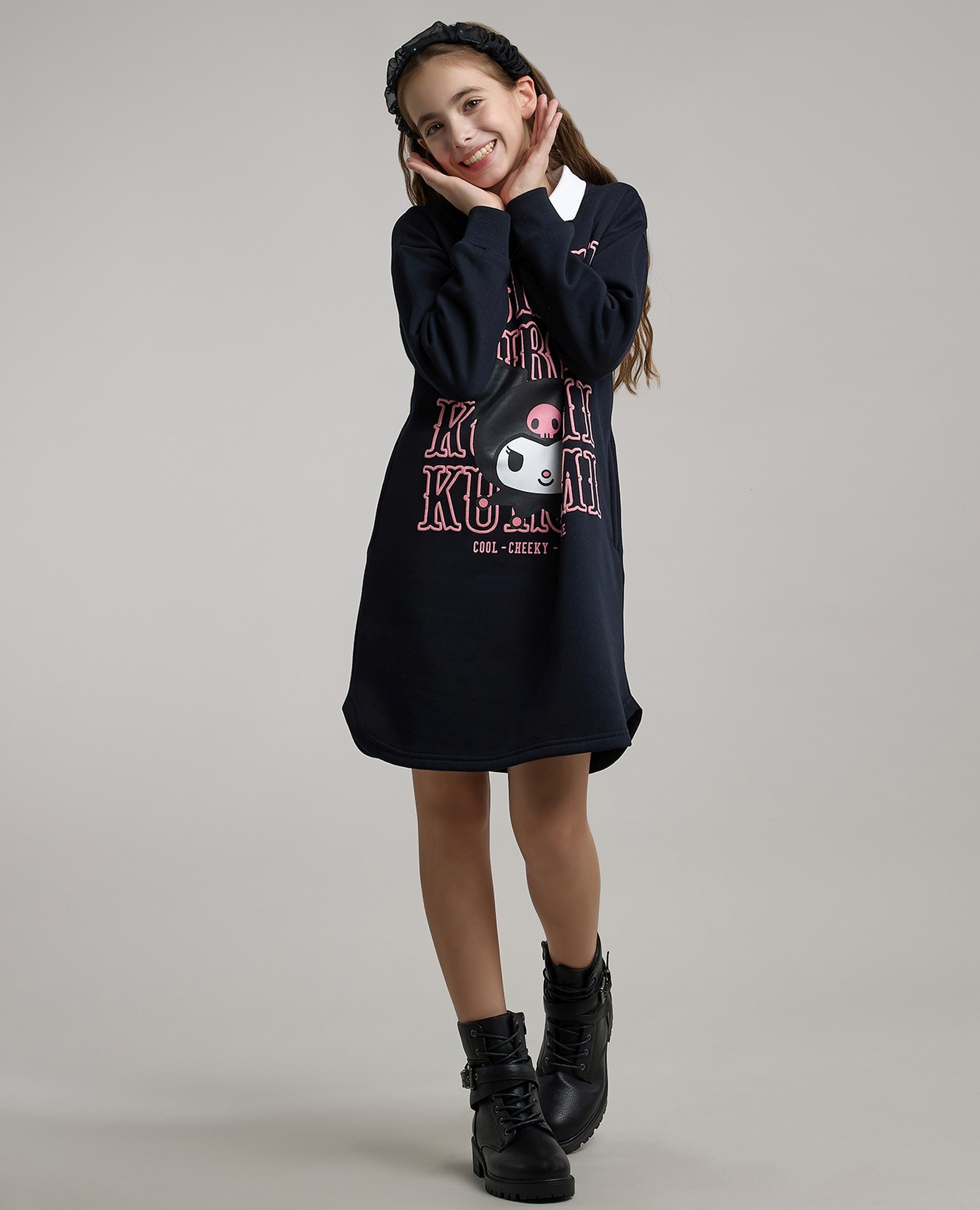 Kuromi Print Sweatdress with Shirt Collar and Long Sleeves