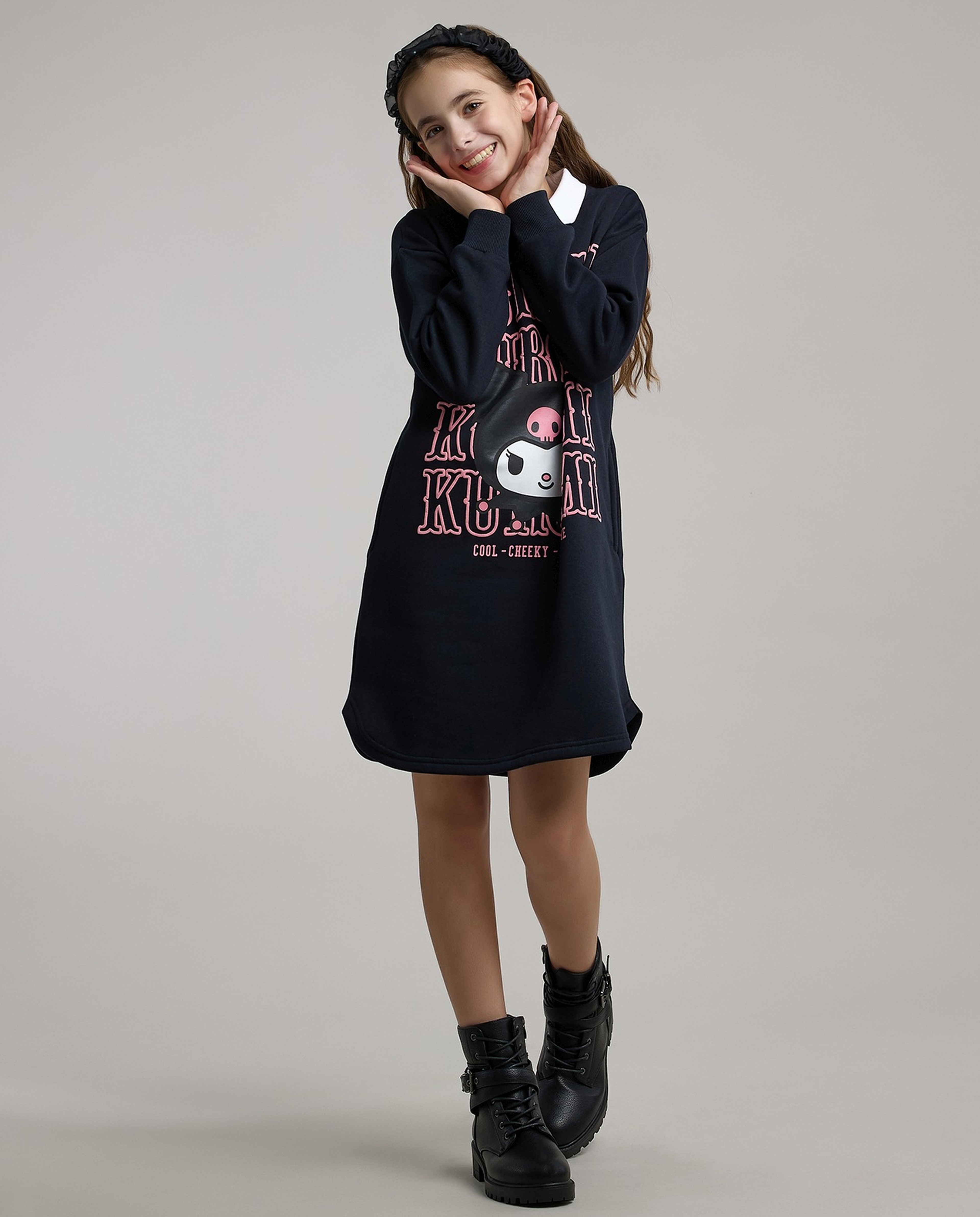 Kuromi Print Sweatdress with Shirt Collar and Long Sleeves