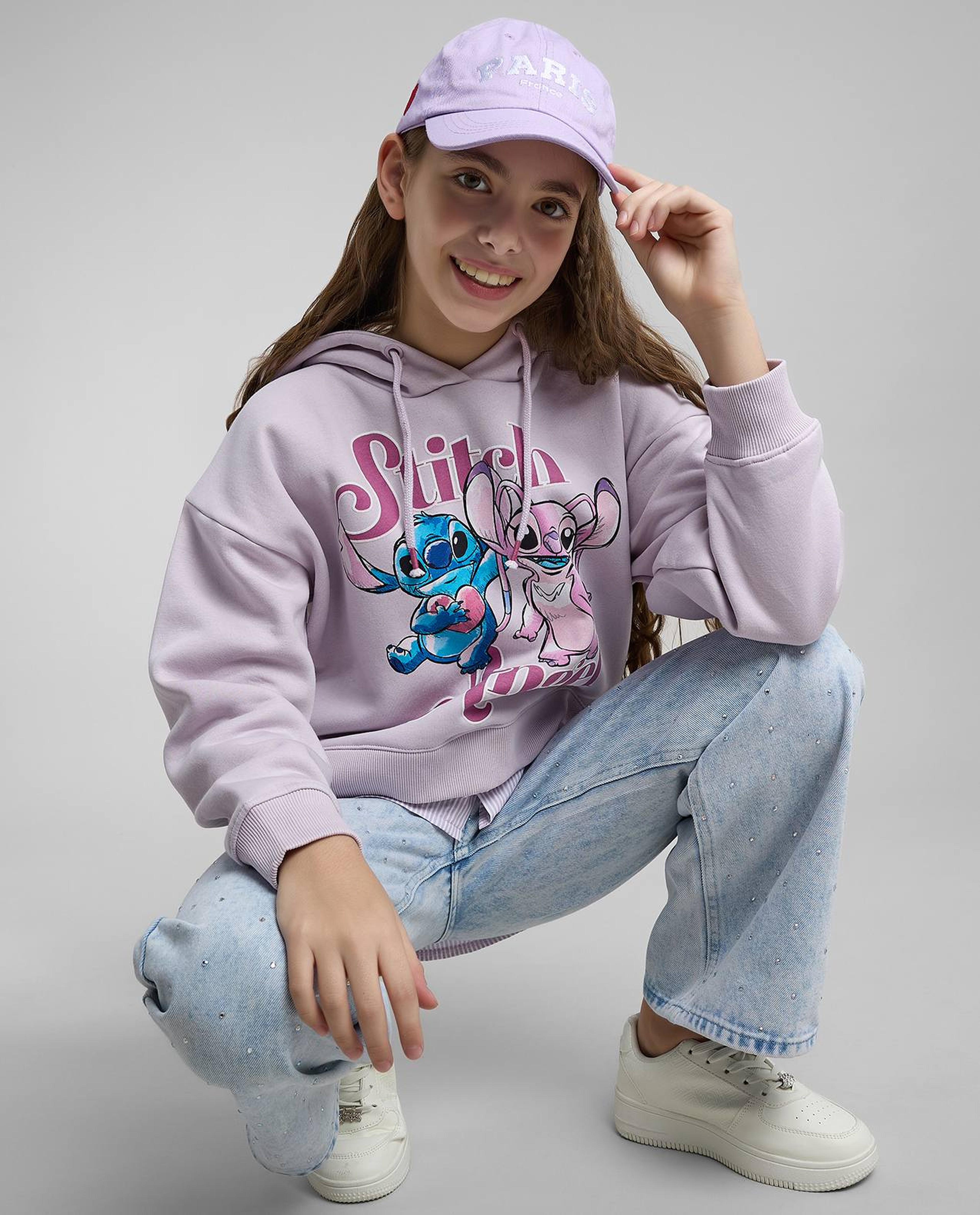 Stitch Print Sweatshirt with Shirt Collar and Long Sleeves