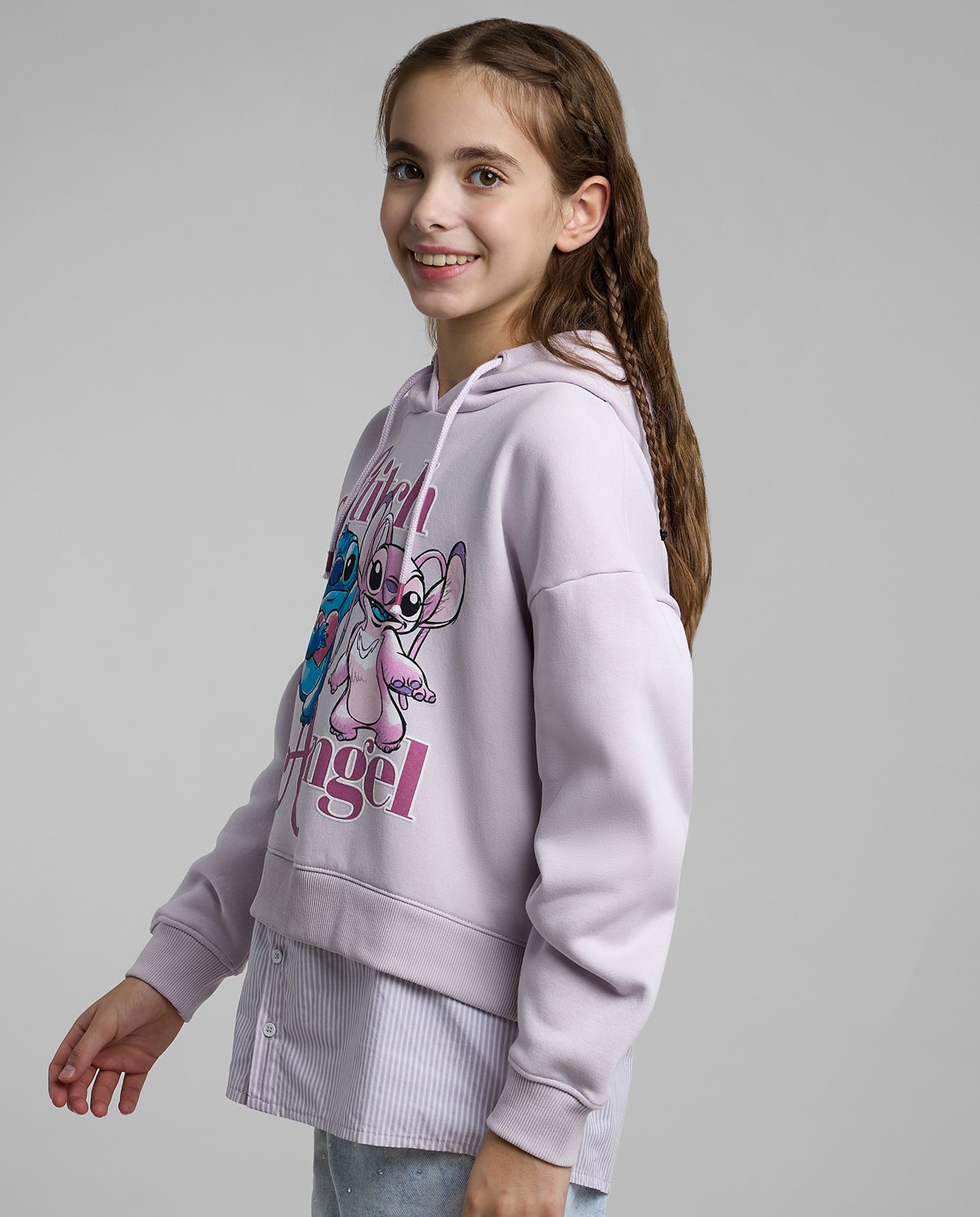 Stitch Print Sweatshirt with Shirt Collar and Long Sleeves