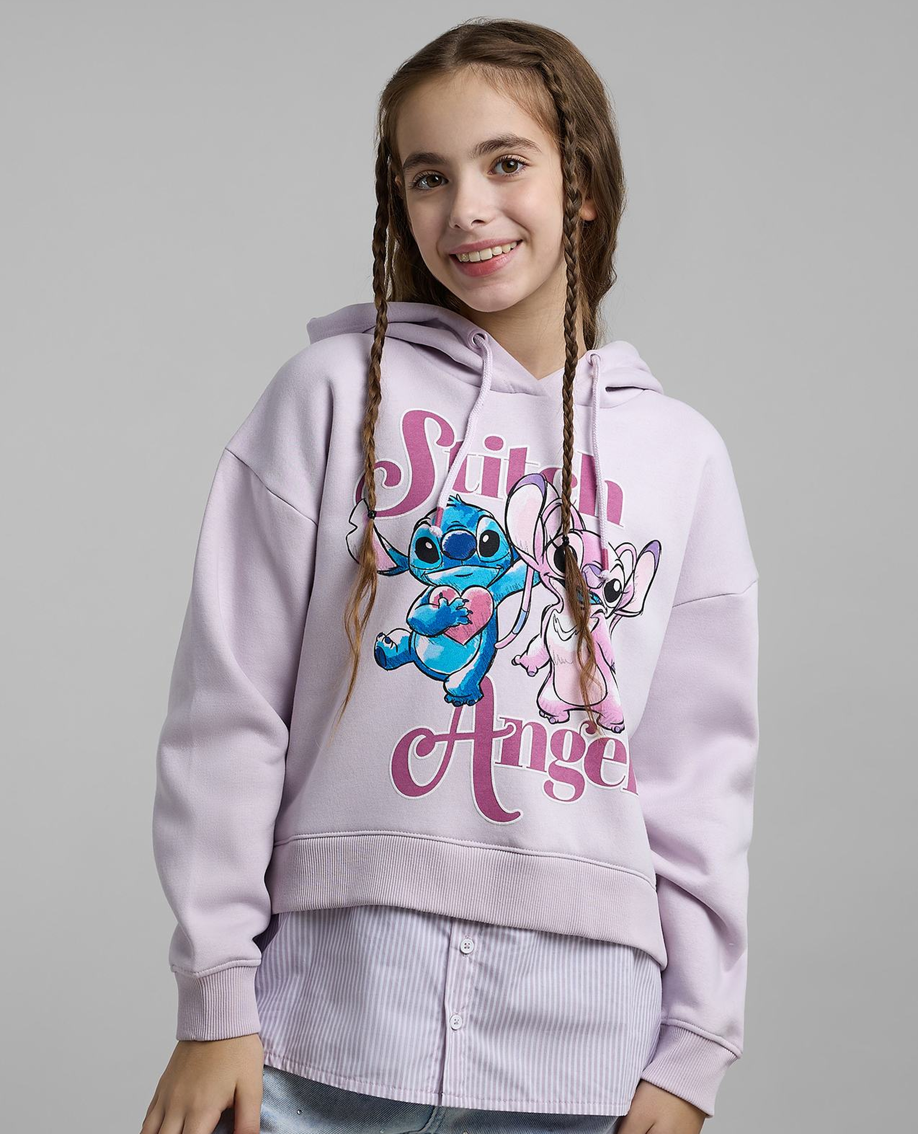 Stitch Print Sweatshirt with Shirt Collar and Long Sleeves