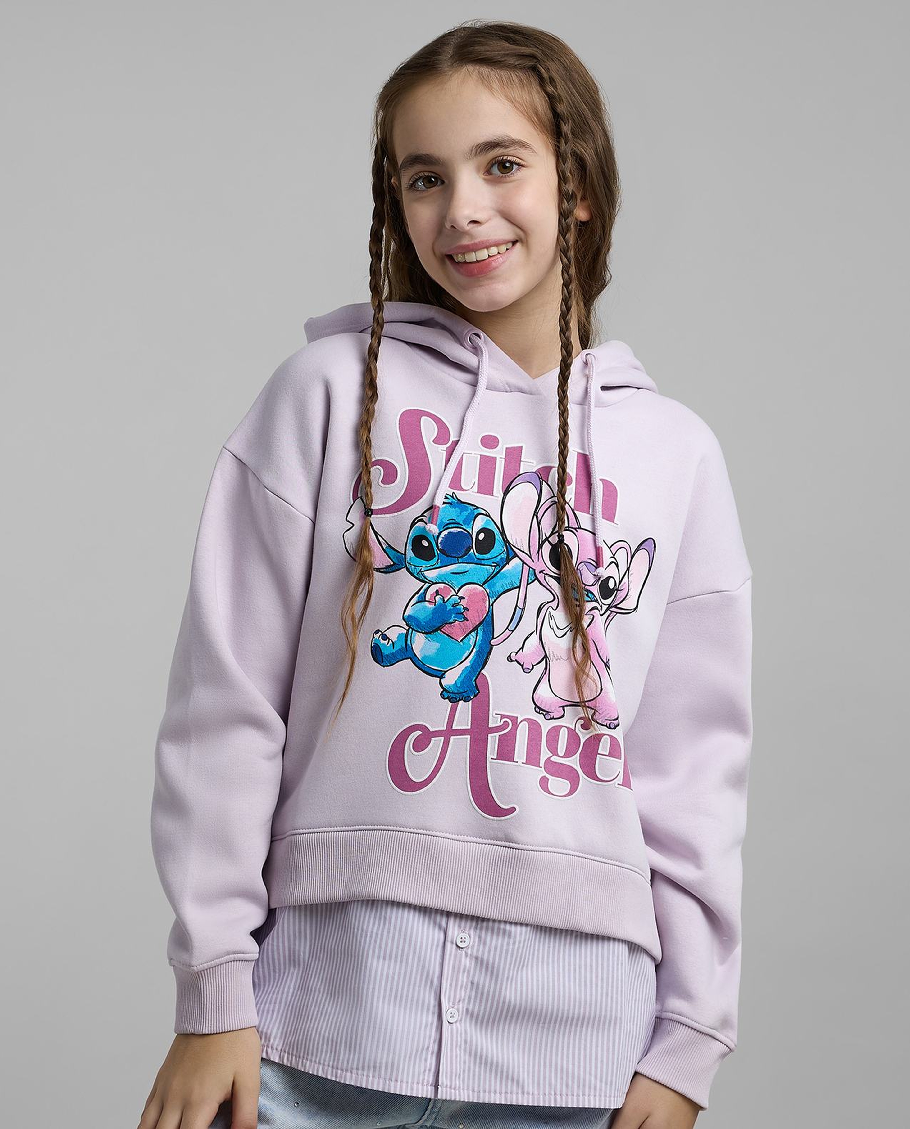 Stitch Print Sweatshirt with Shirt Collar and Long Sleeves