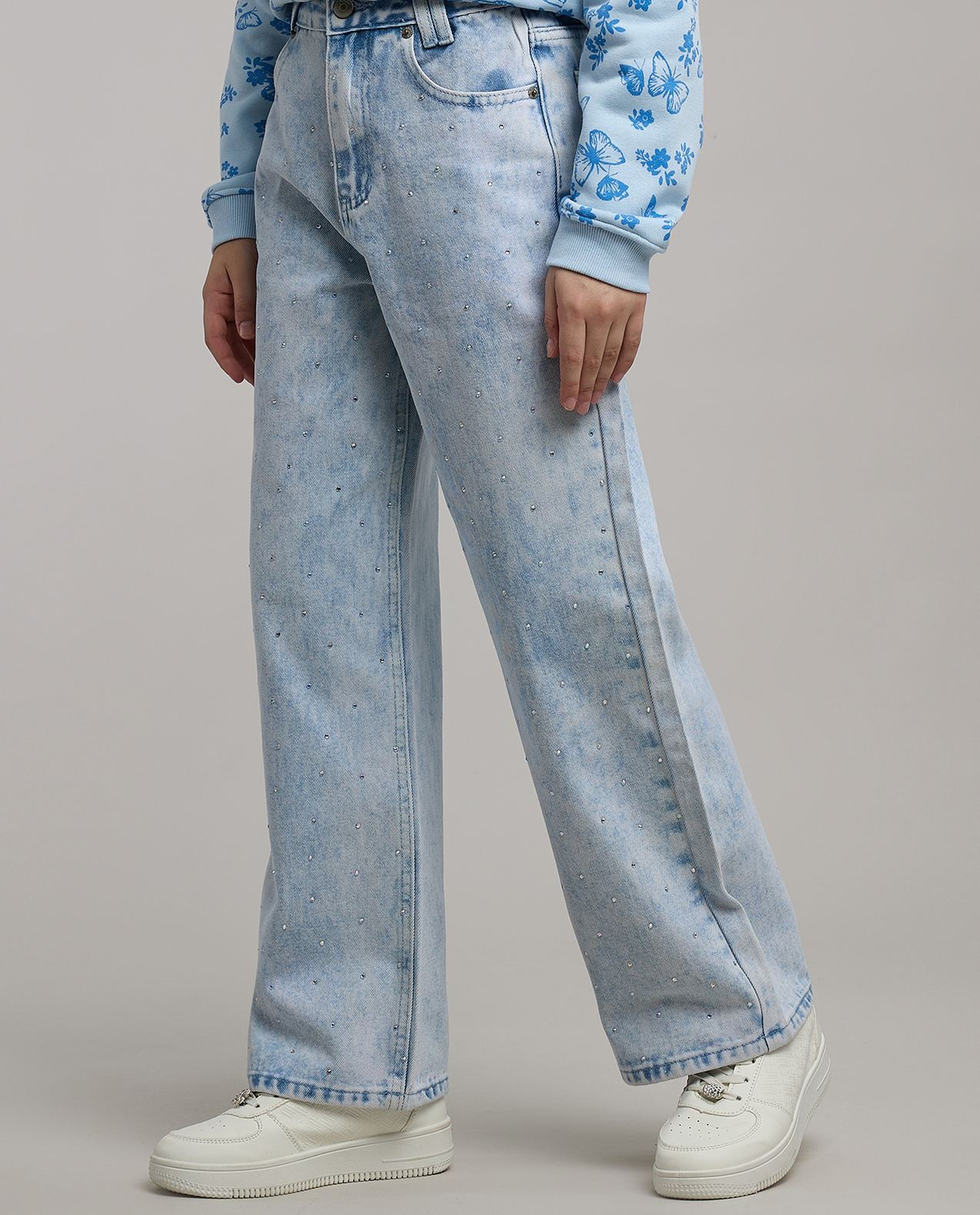 Embellished Wide Leg Jeans with Button Closure
