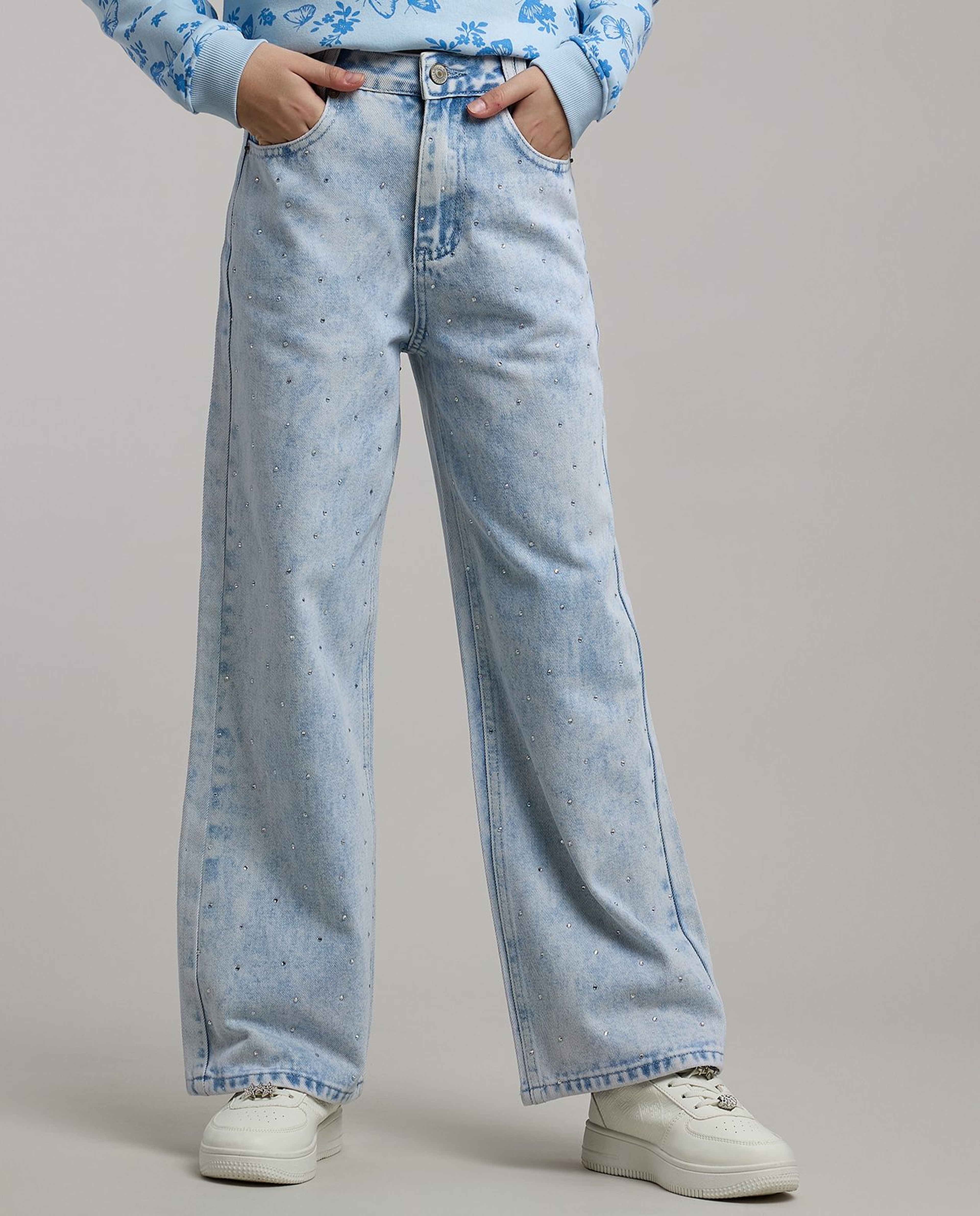 Embellished Wide Leg Jeans with Button Closure