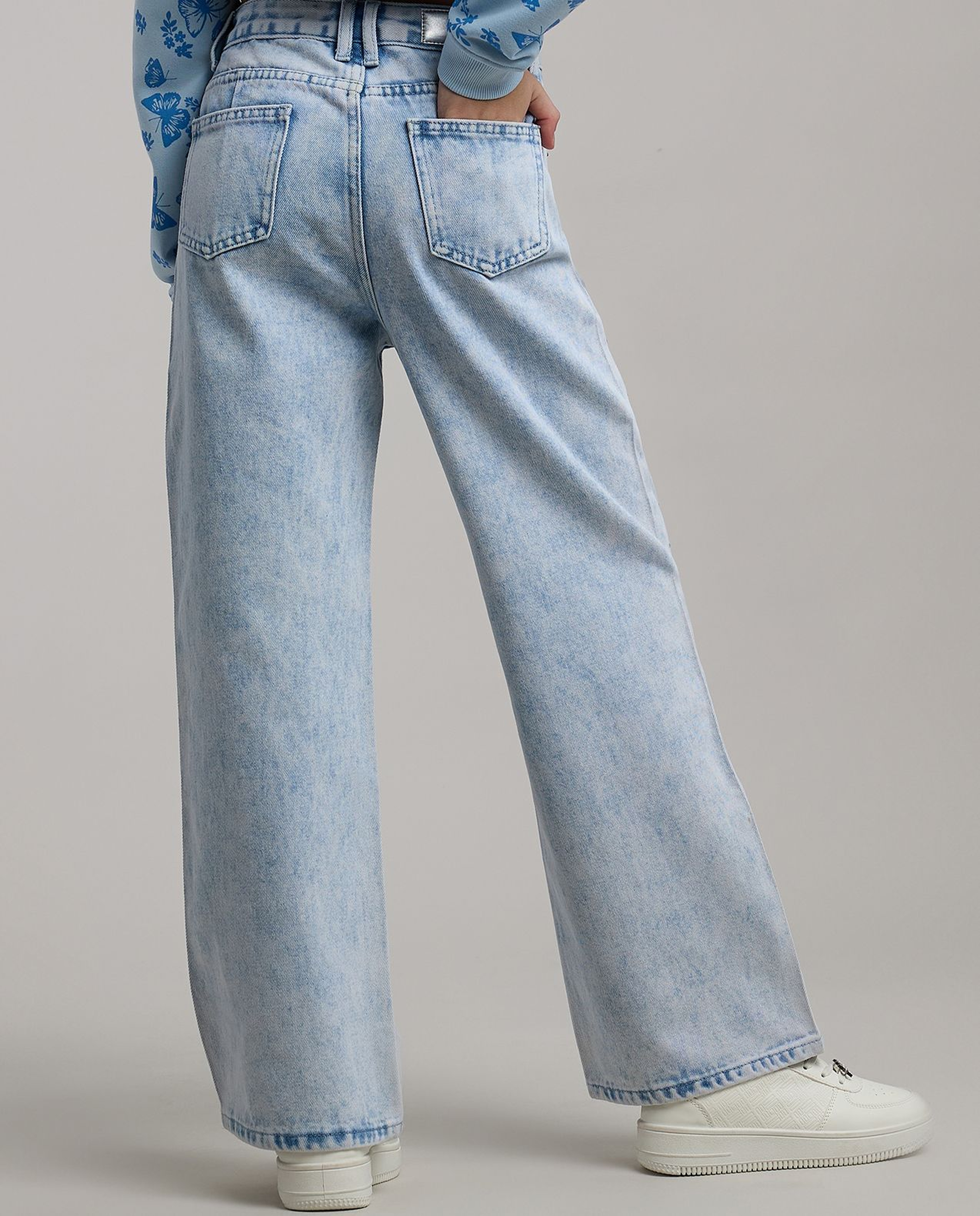 Embellished Wide Leg Jeans with Button Closure