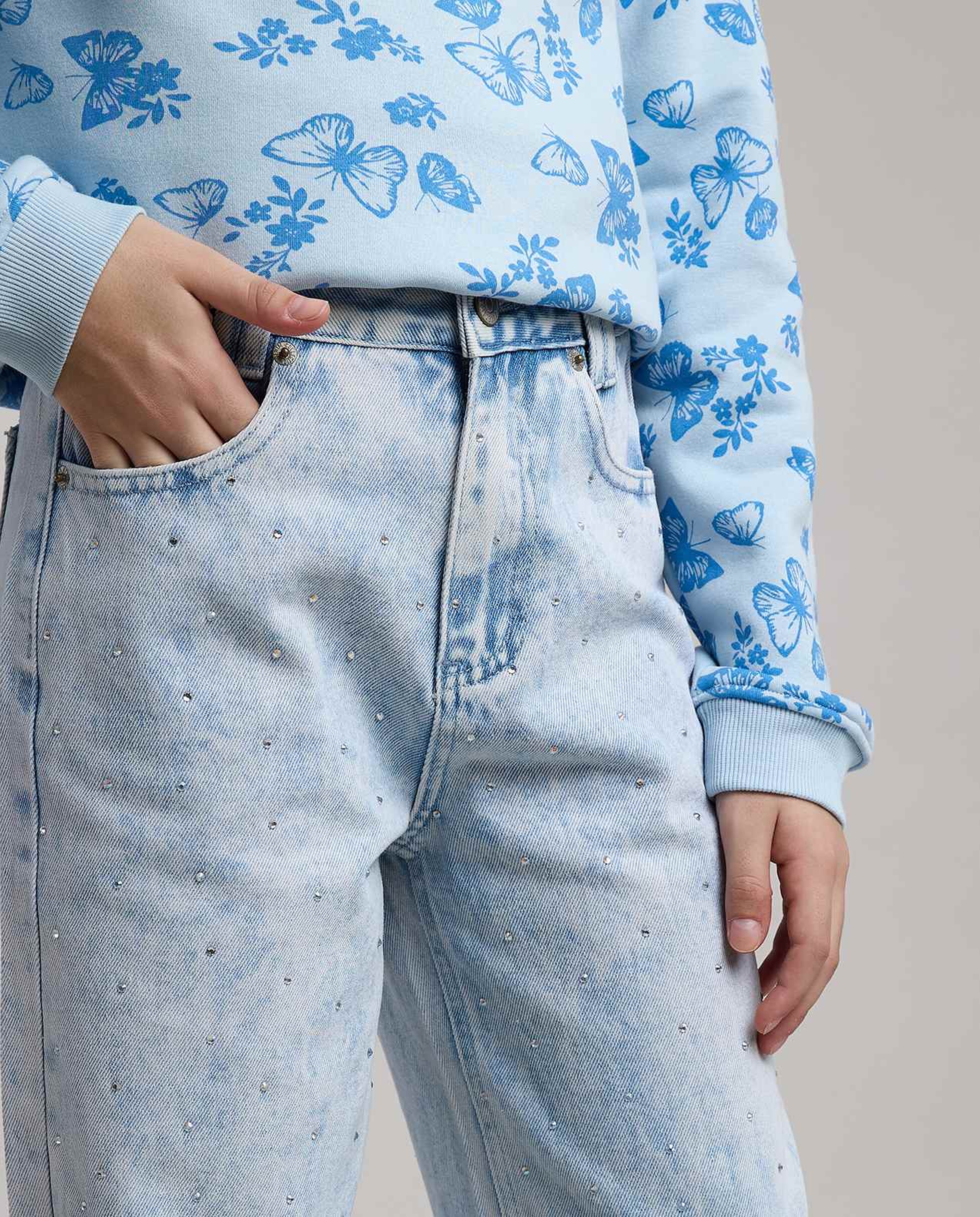 Embellished Wide Leg Jeans with Button Closure