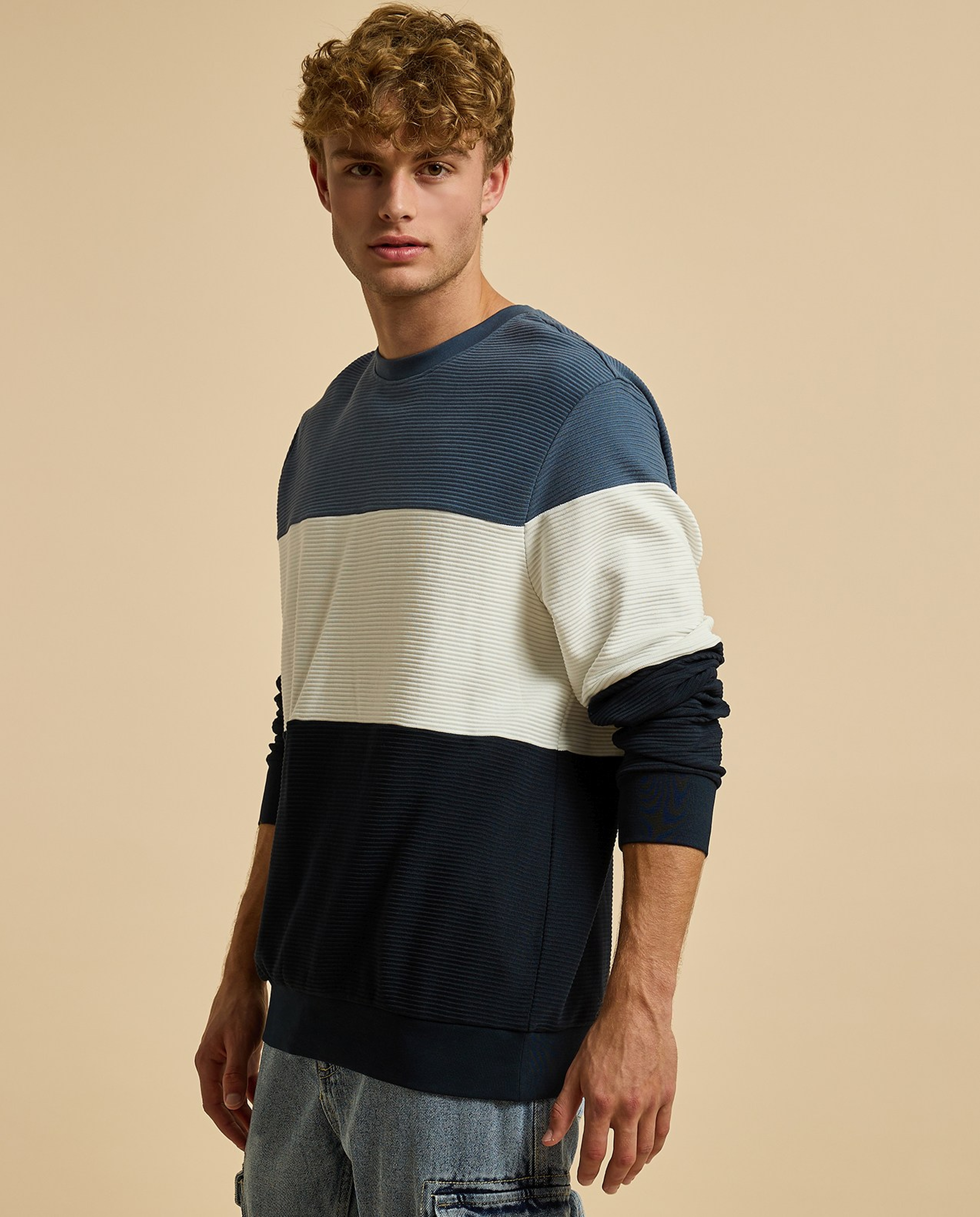 Color Block Sweatshirt with Crew Neck and Long Sleeves