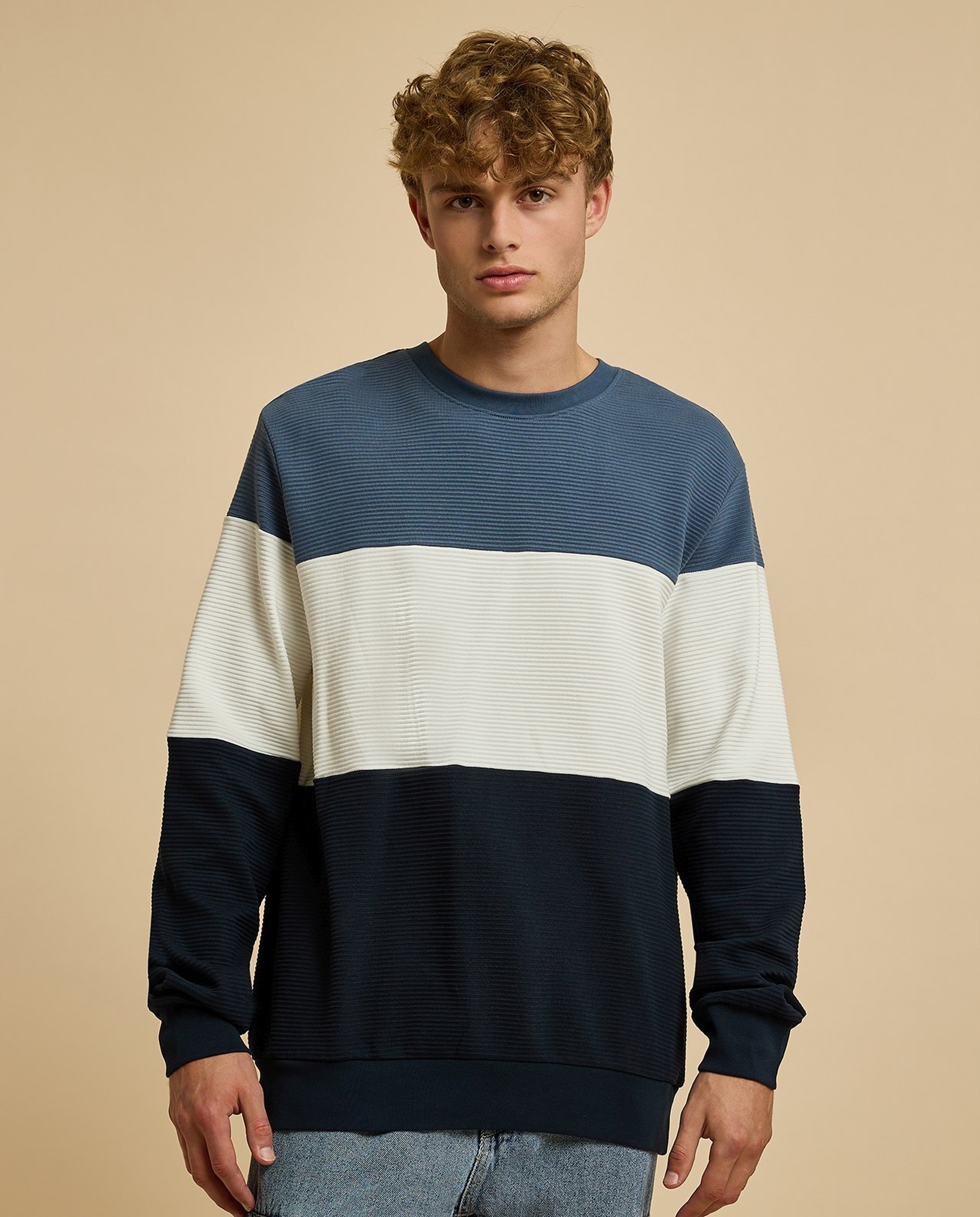Color Block Sweatshirt with Crew Neck and Long Sleeves