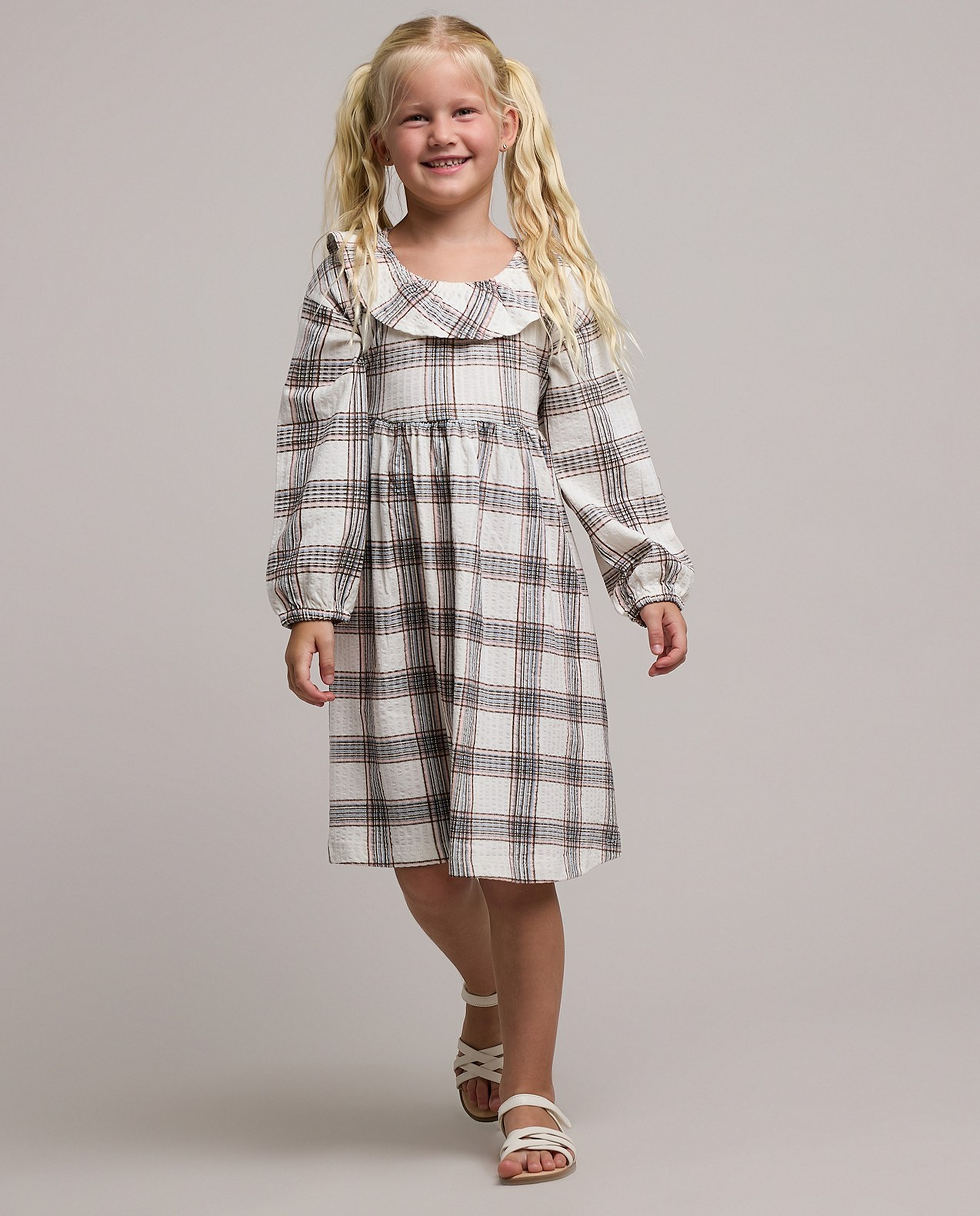Plaid Fit & Flare Dress with Round Neck and Puff Sleeves