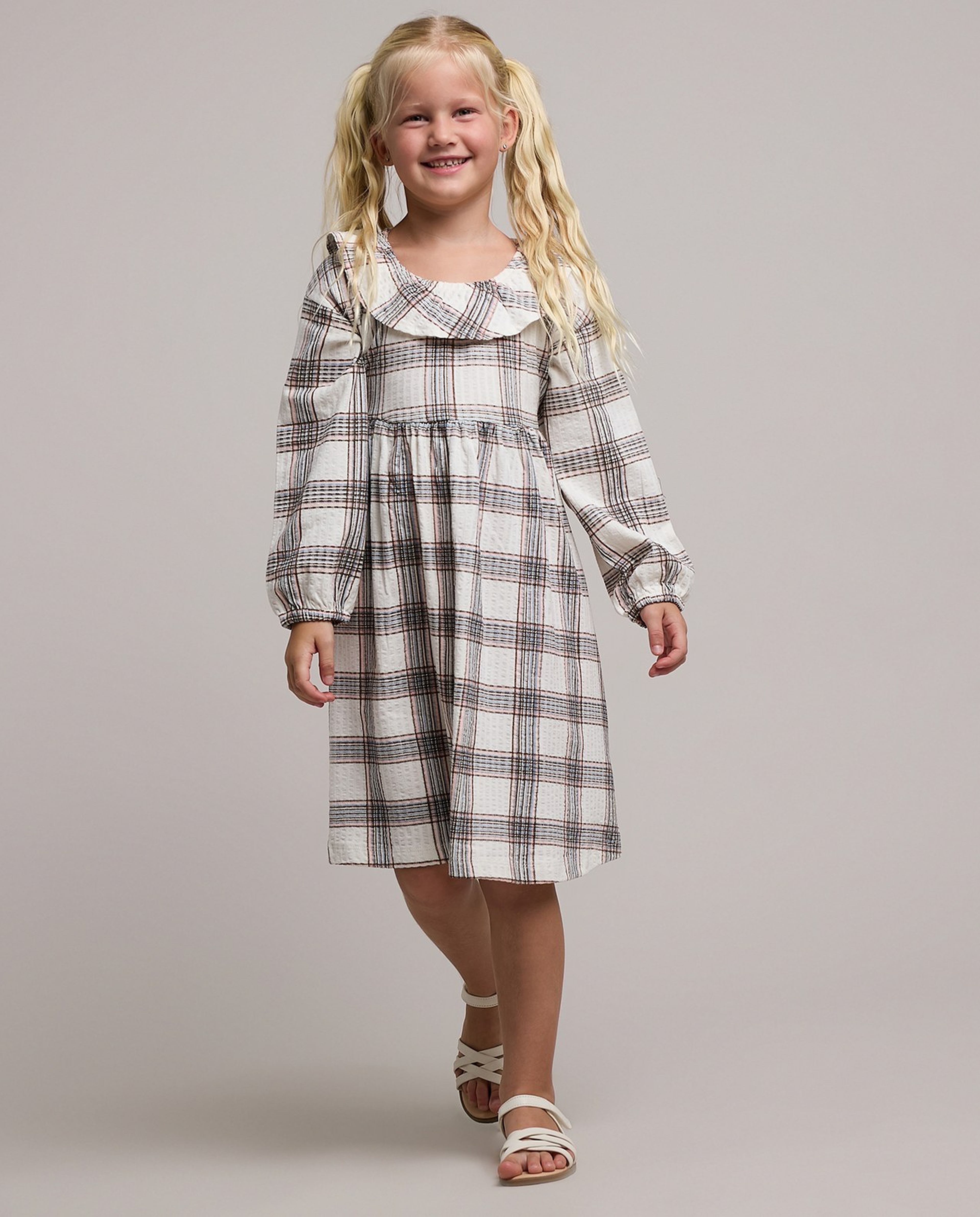 Plaid Fit & Flare Dress with Round Neck and Puff Sleeves