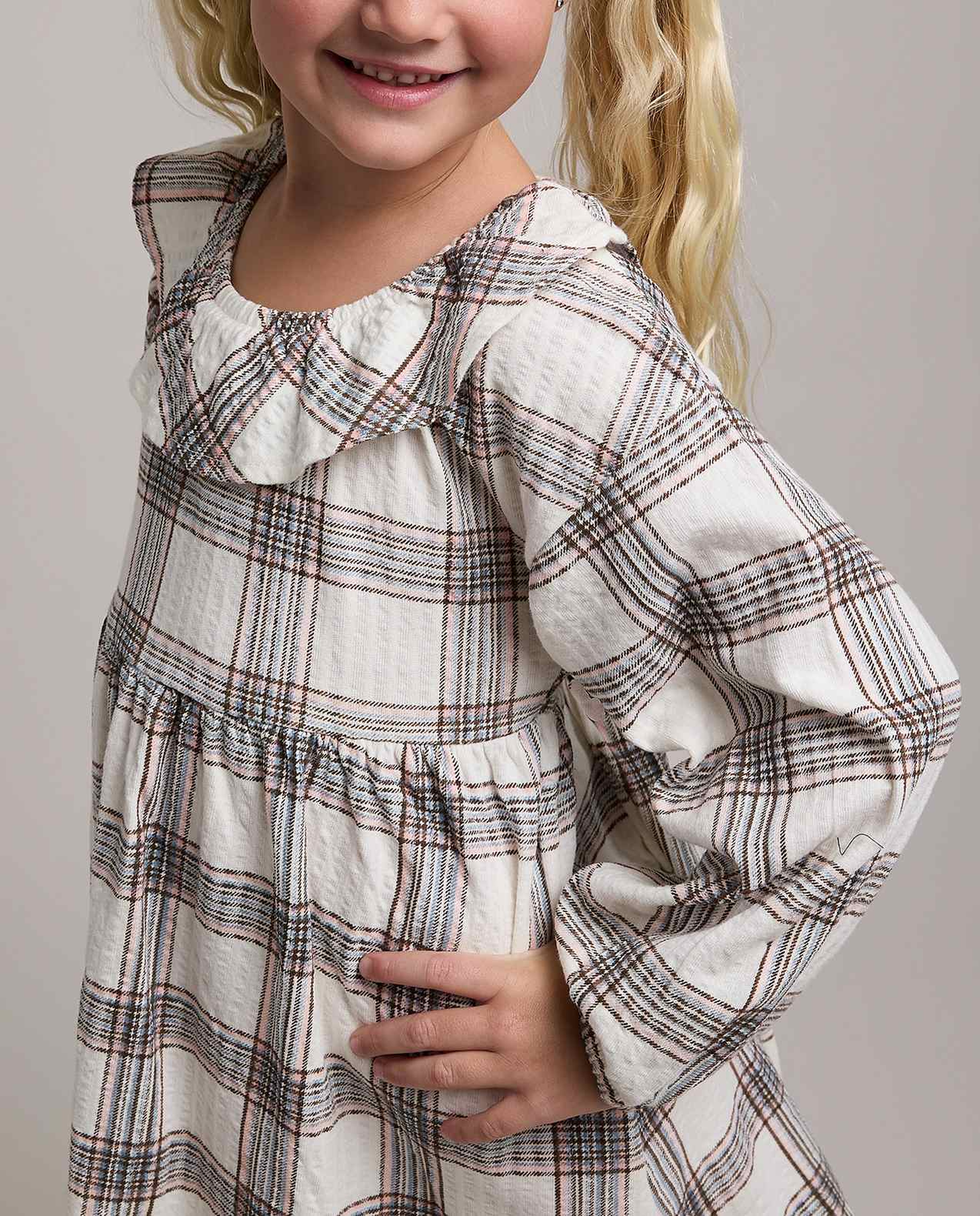 Plaid Fit & Flare Dress with Round Neck and Puff Sleeves