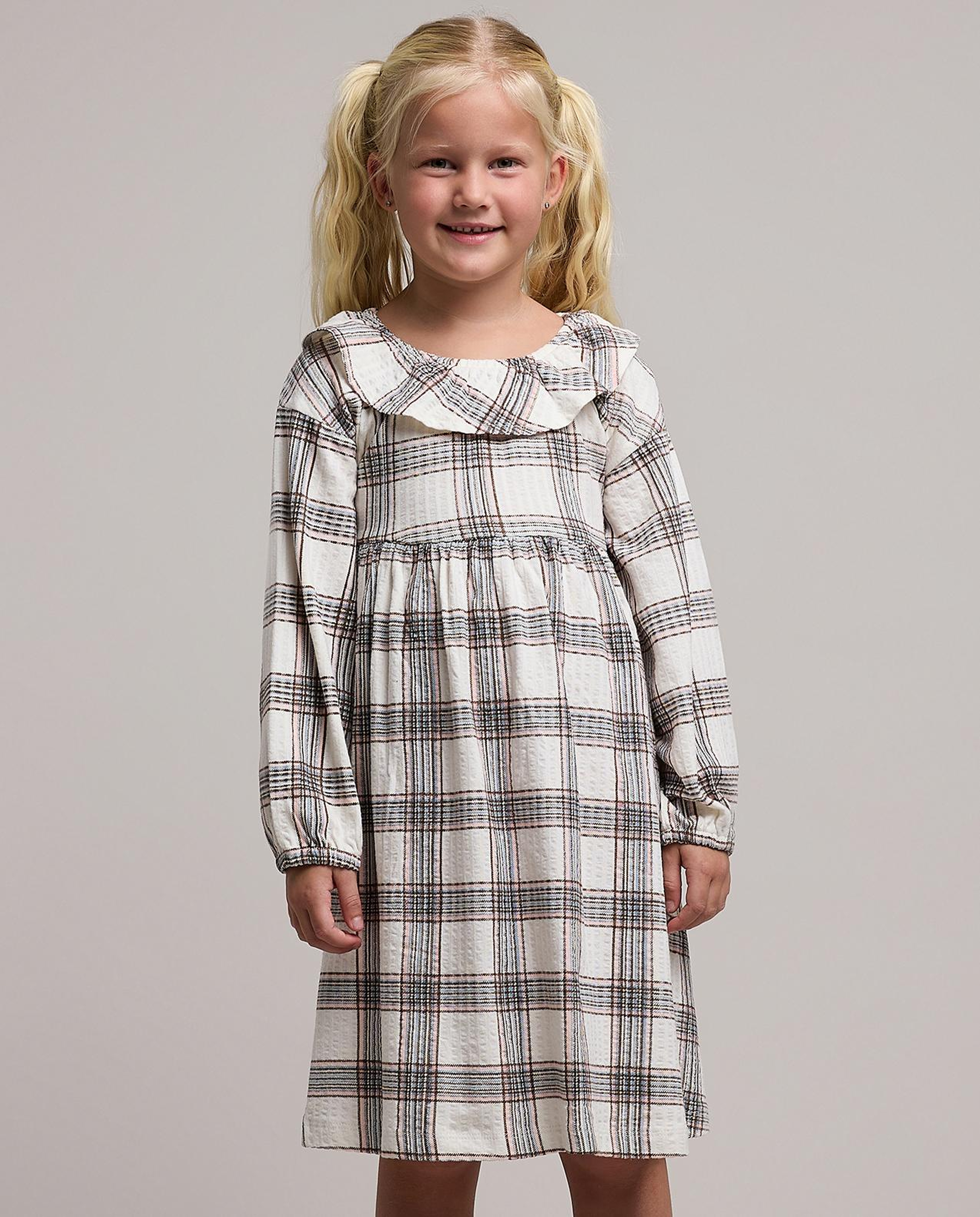Plaid Fit & Flare Dress with Round Neck and Puff Sleeves