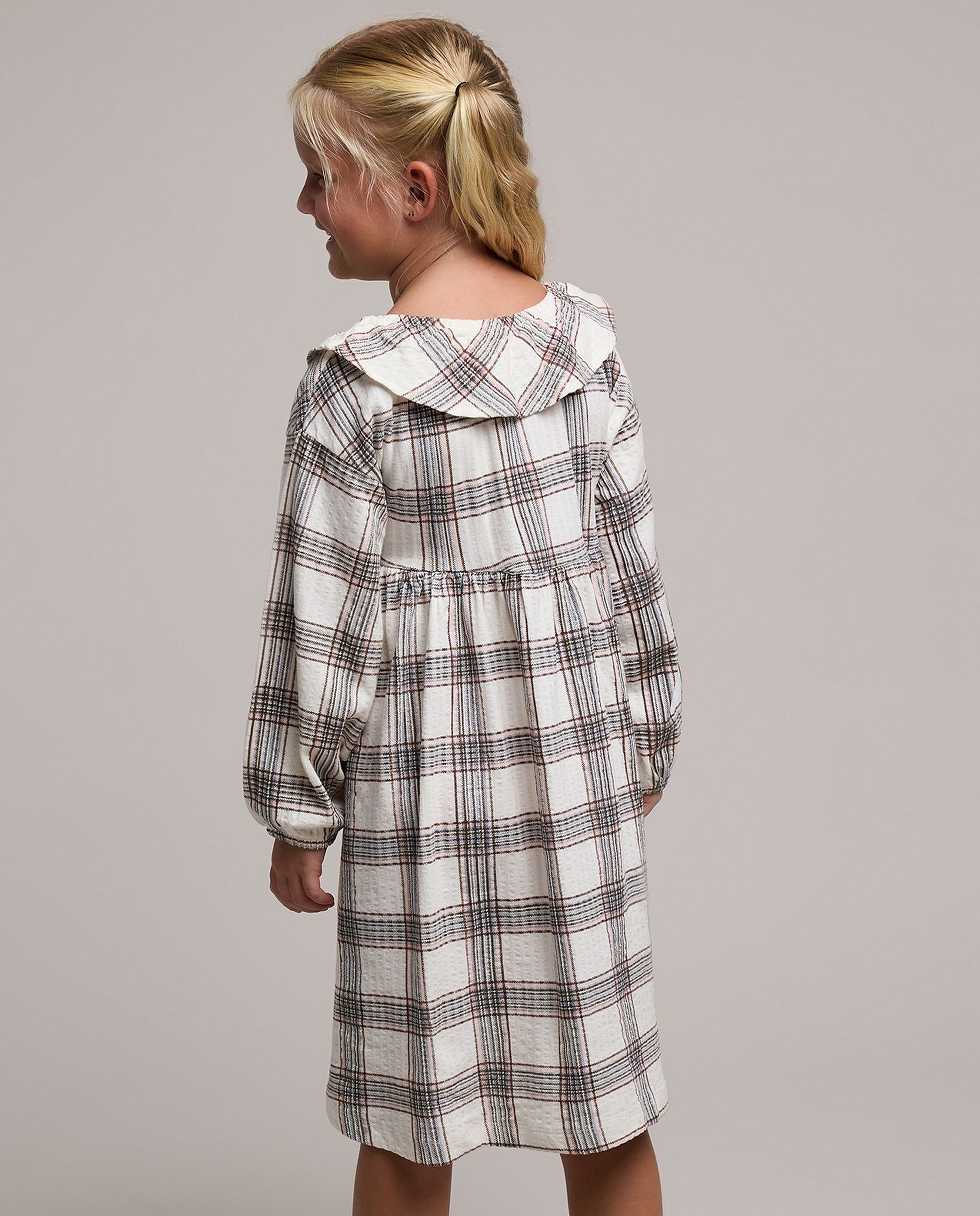 Plaid Fit & Flare Dress with Round Neck and Puff Sleeves