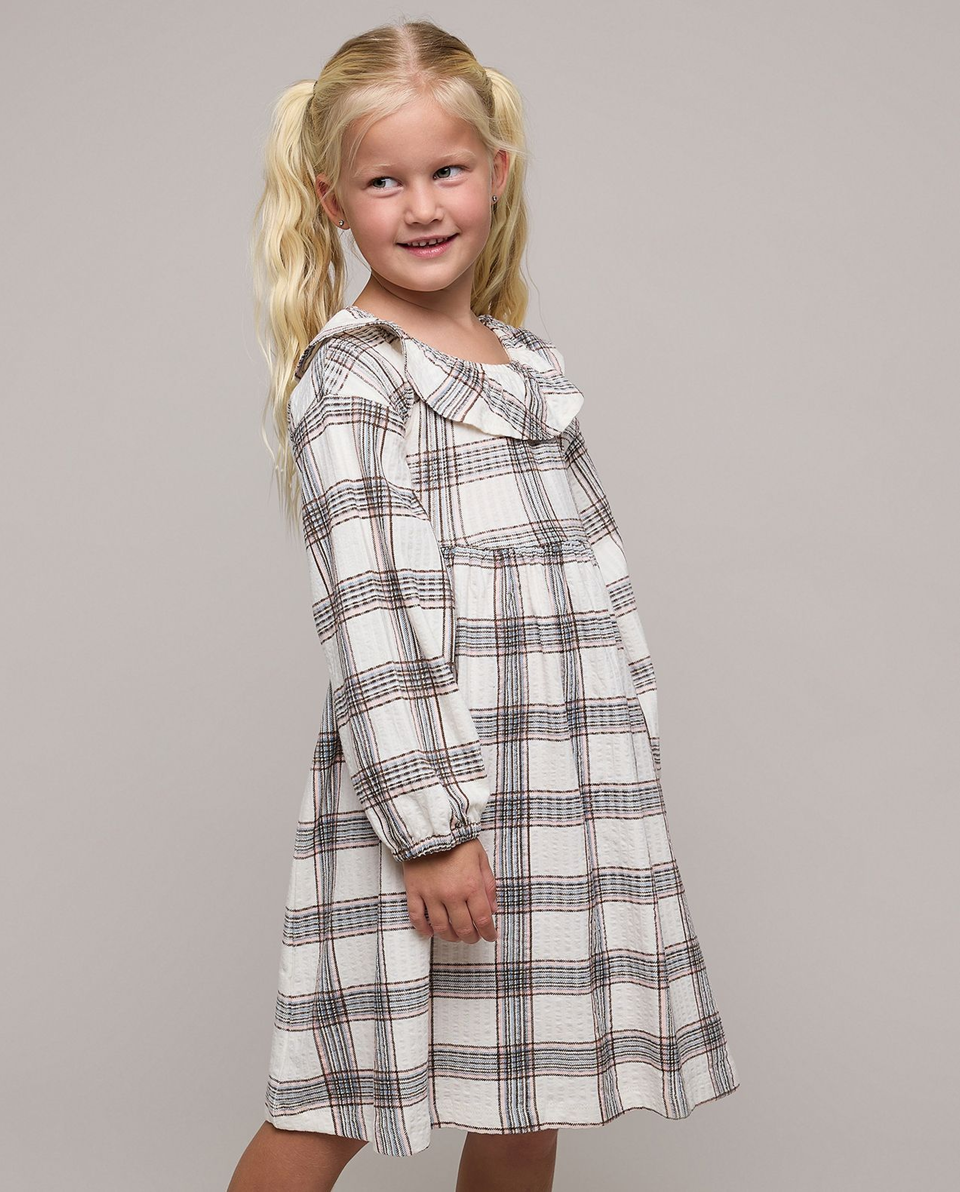 Plaid Fit & Flare Dress with Round Neck and Puff Sleeves