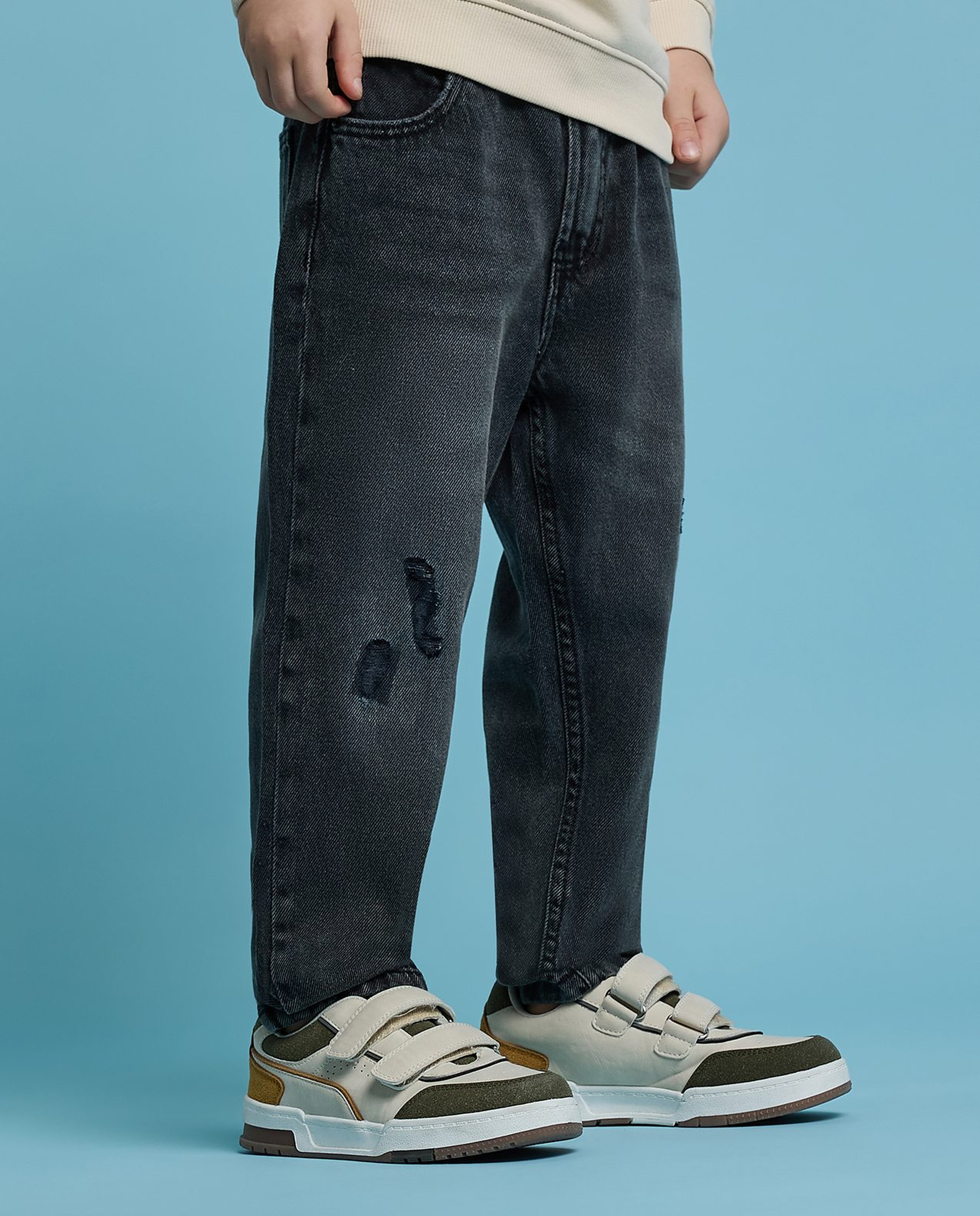 Faded Relaxed Jeans with Button Closure