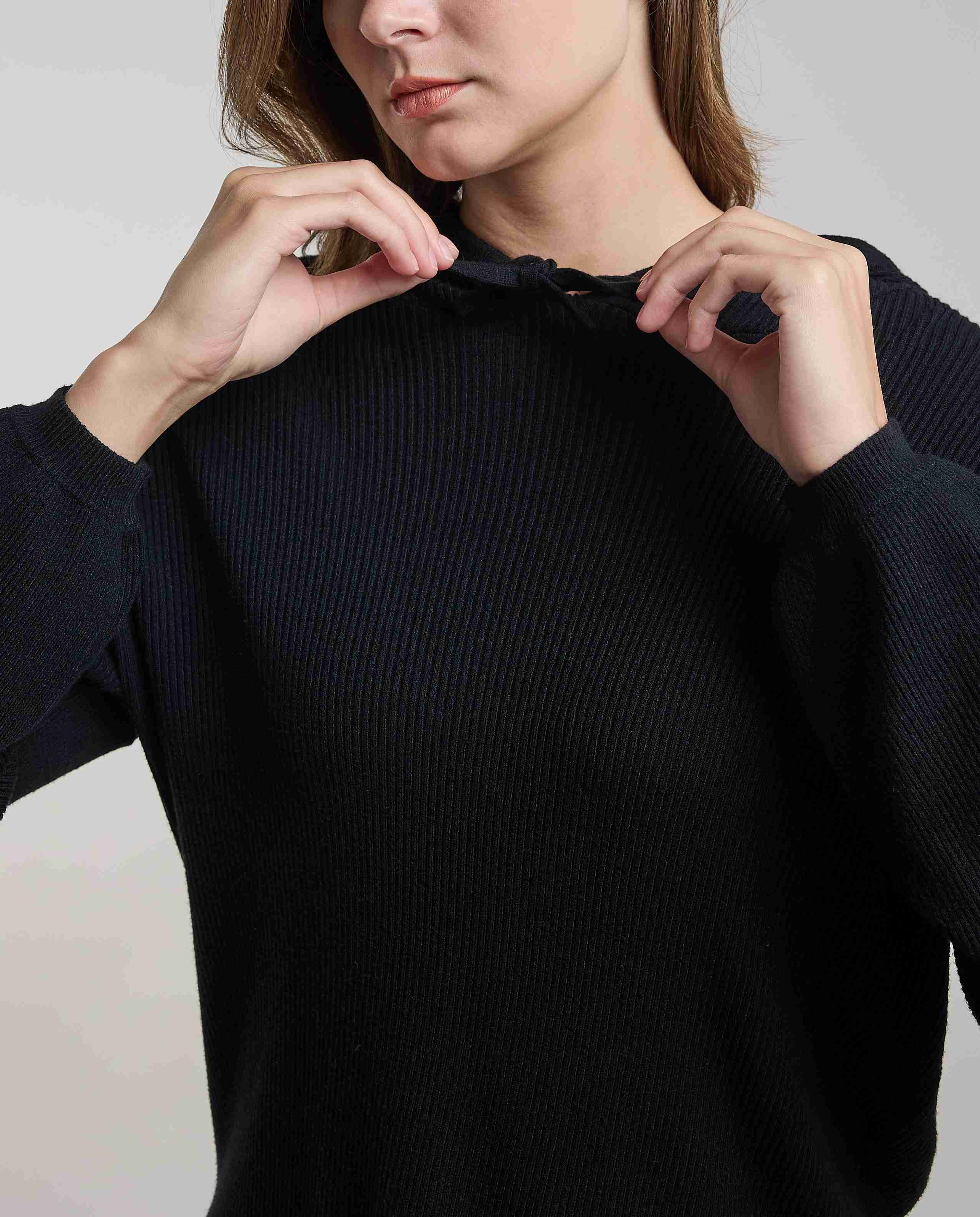 Ribbed Hooded Top with Long Sleeves