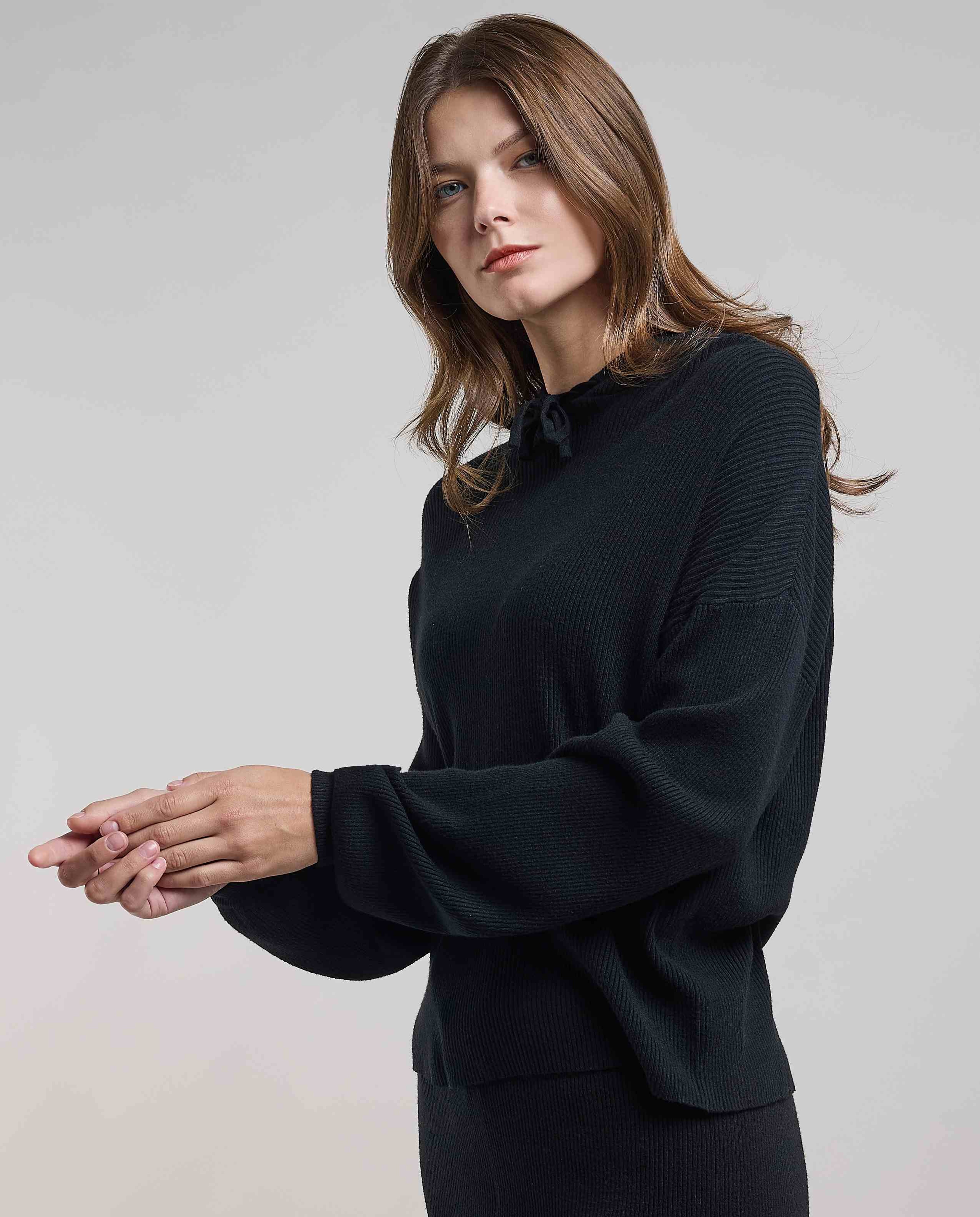 Ribbed Hooded Top with Long Sleeves