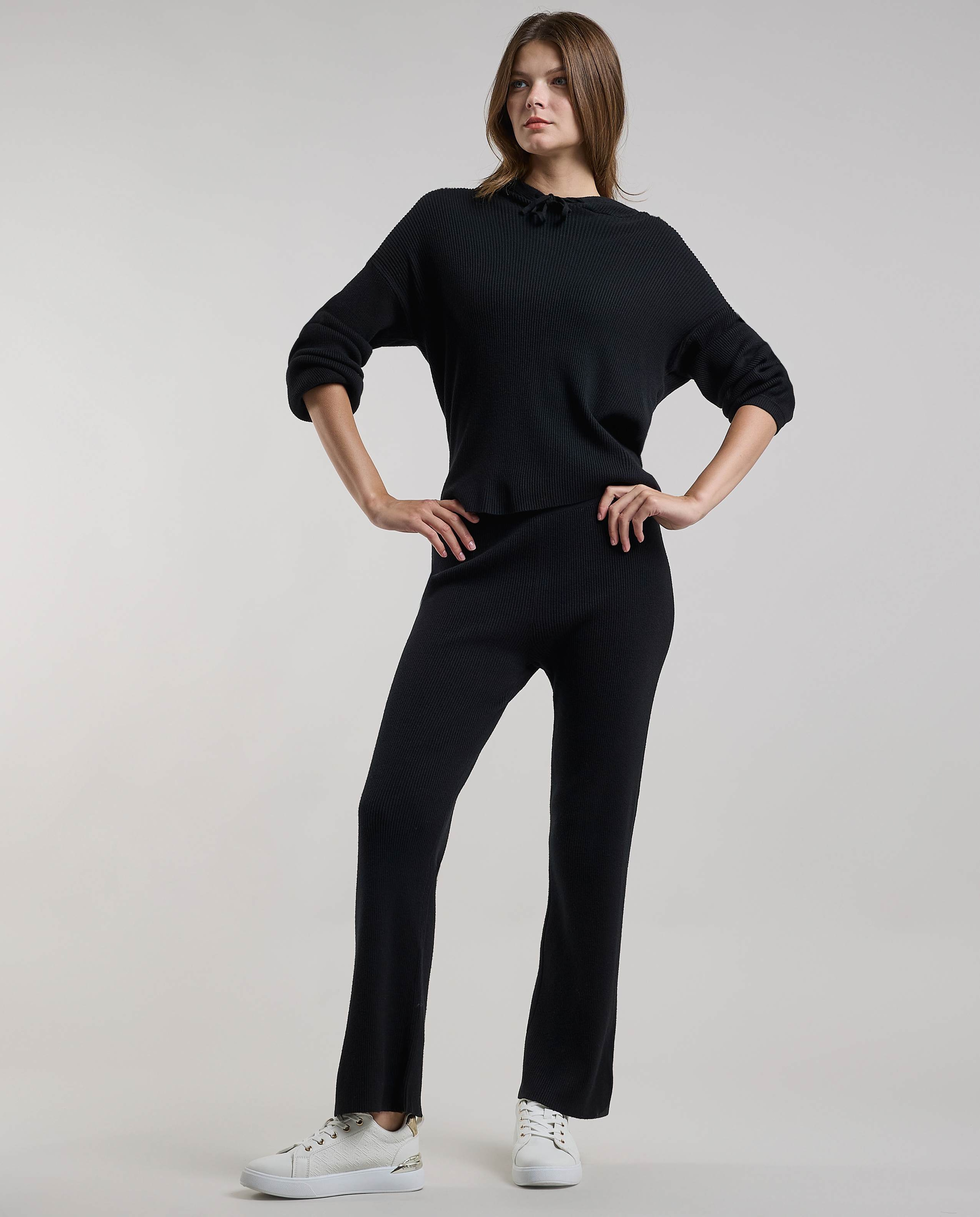 Ribbed Hooded Top with Long Sleeves