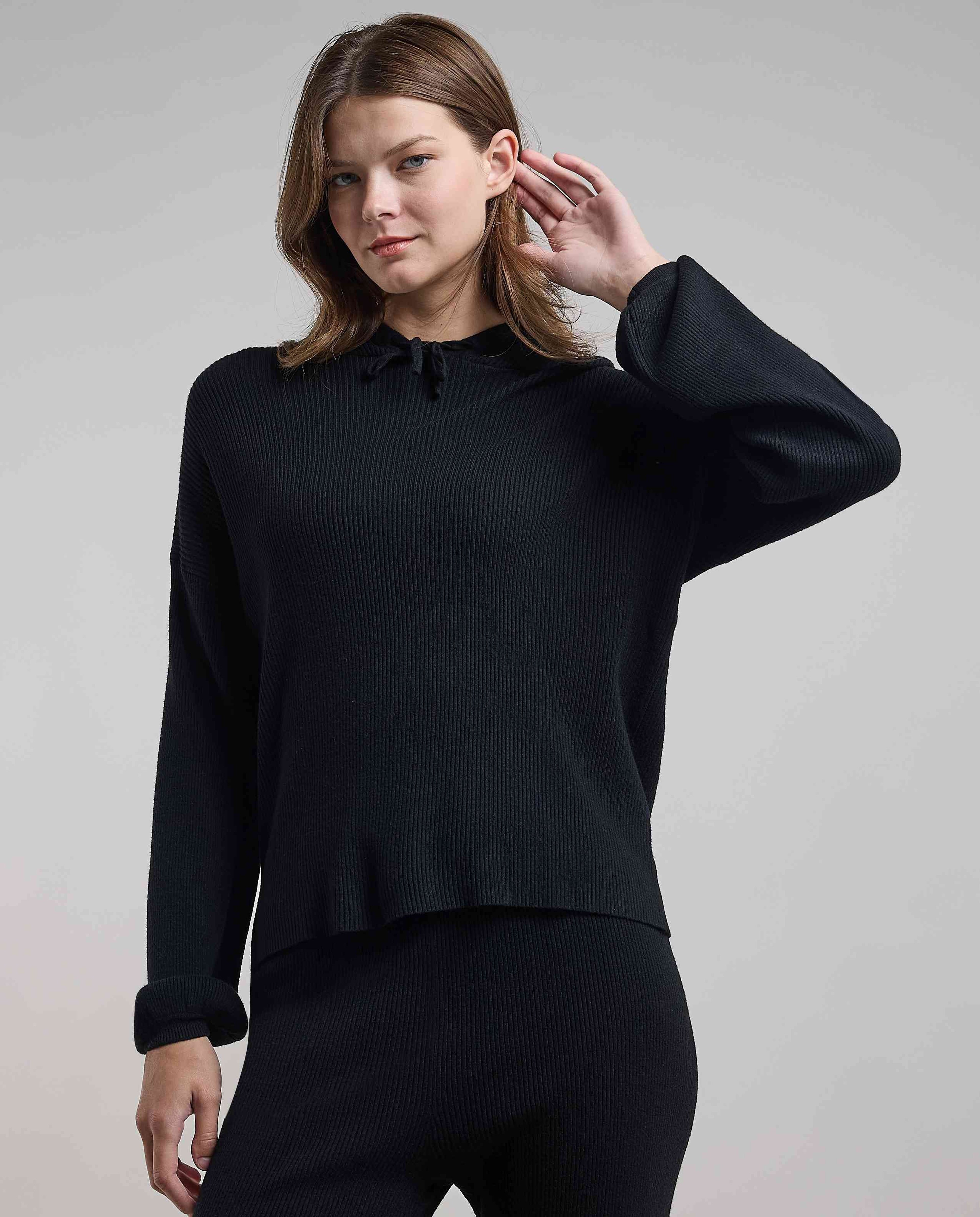 Ribbed Hooded Top with Long Sleeves