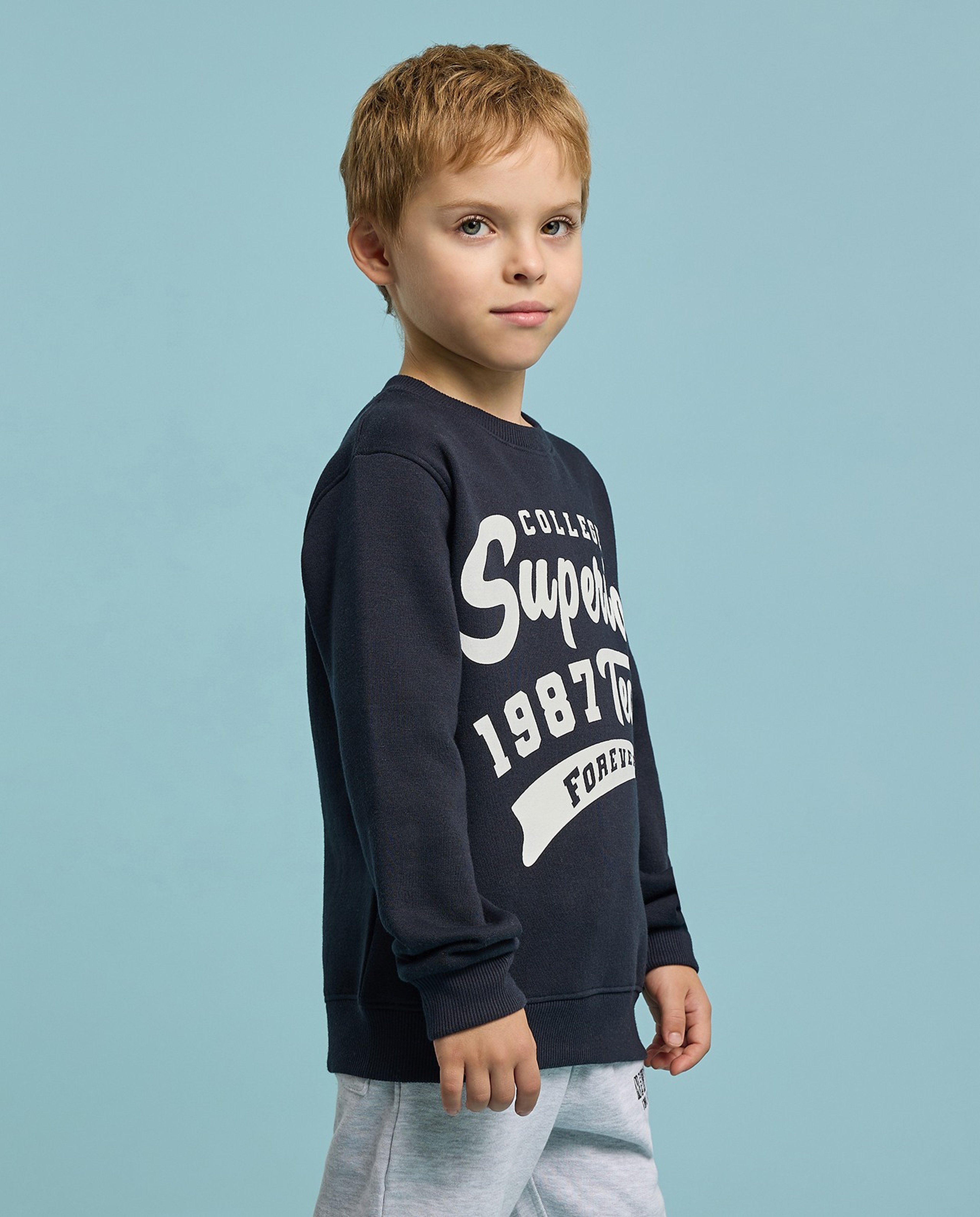 Typography Print Sweatshirt with Crew Neck and Long Sleeves