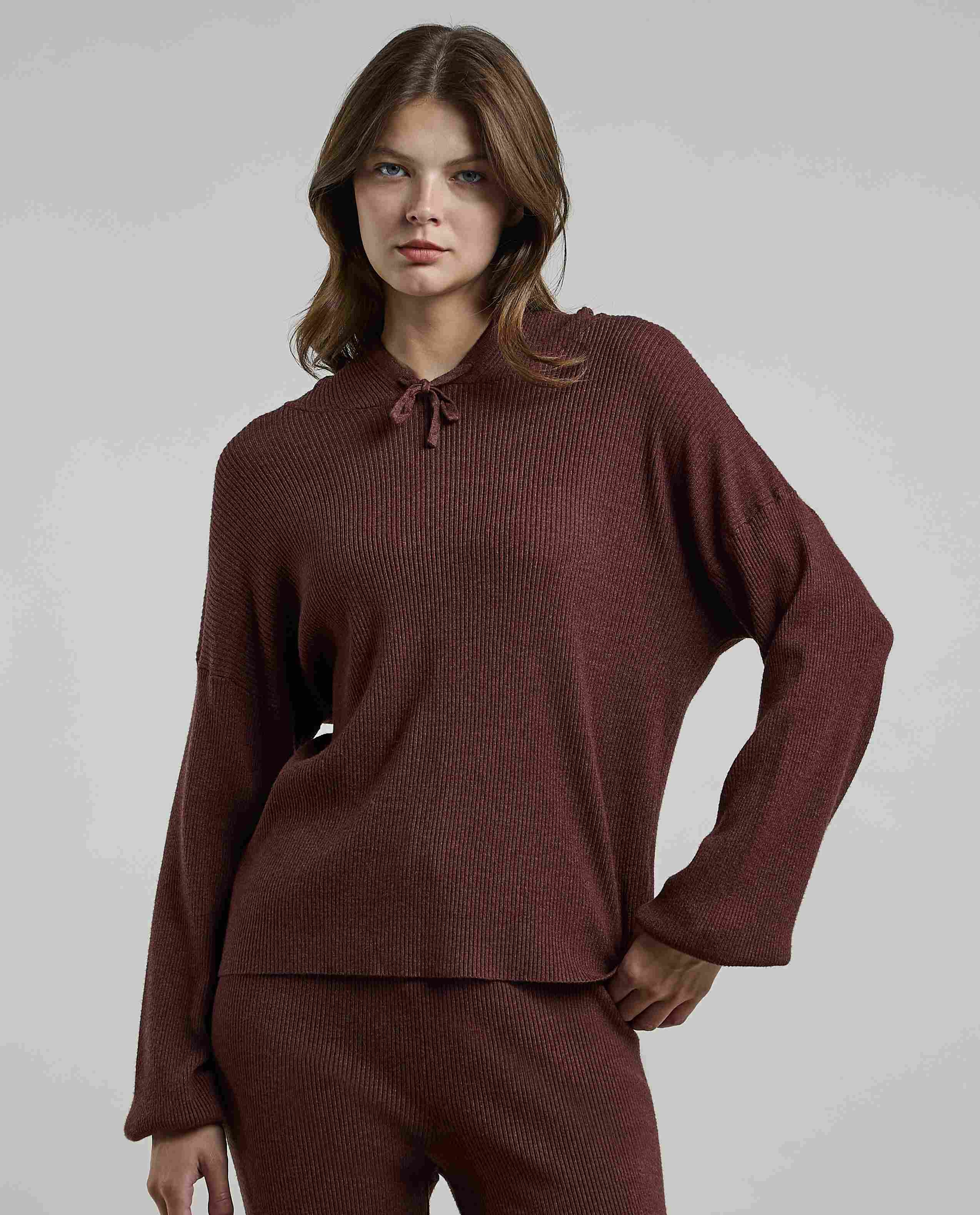 Ribbed Hooded Top with Long Sleeves