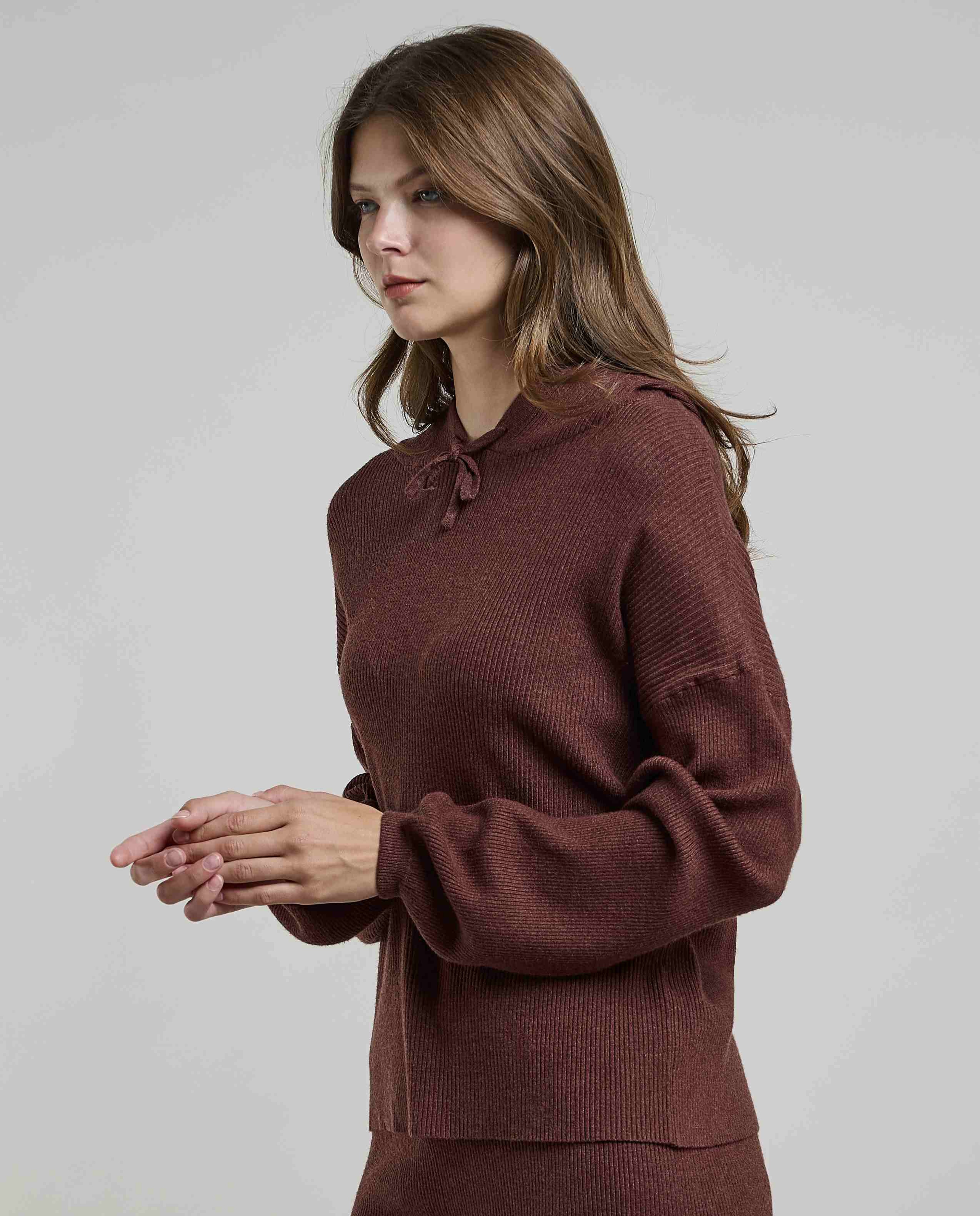Ribbed Hooded Top with Long Sleeves