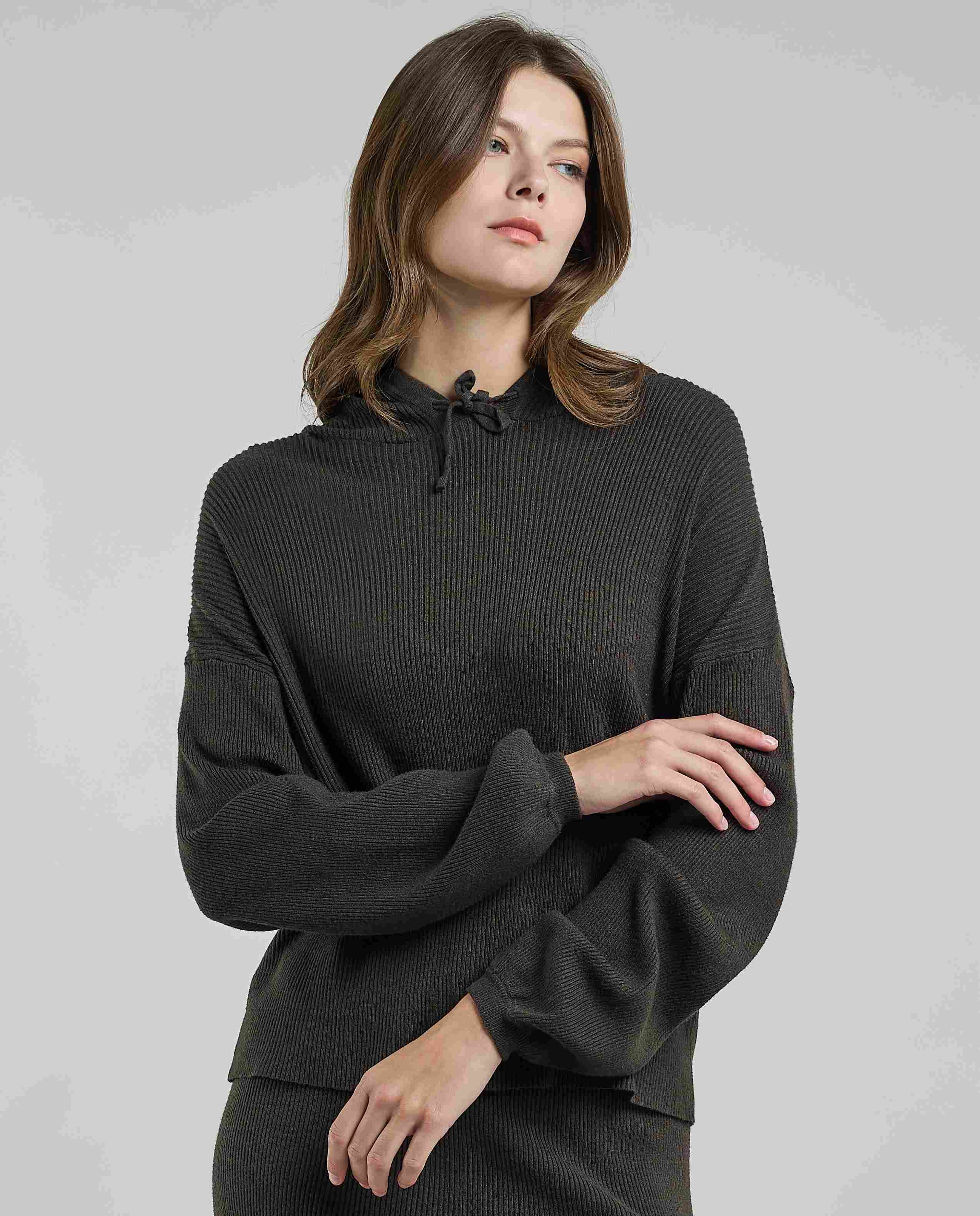 Ribbed Hooded Top with Long Sleeves