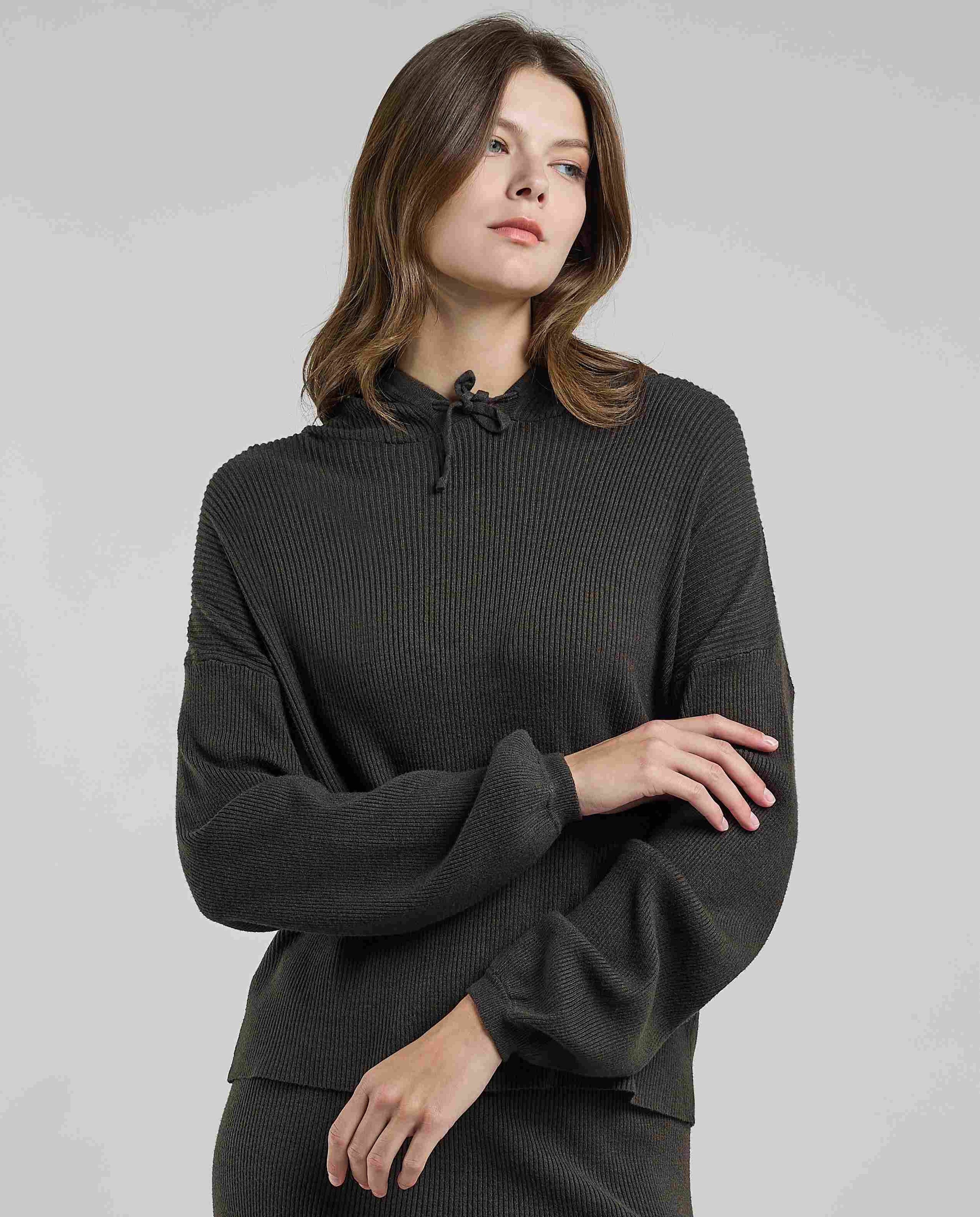 Ribbed Hooded Top with Long Sleeves