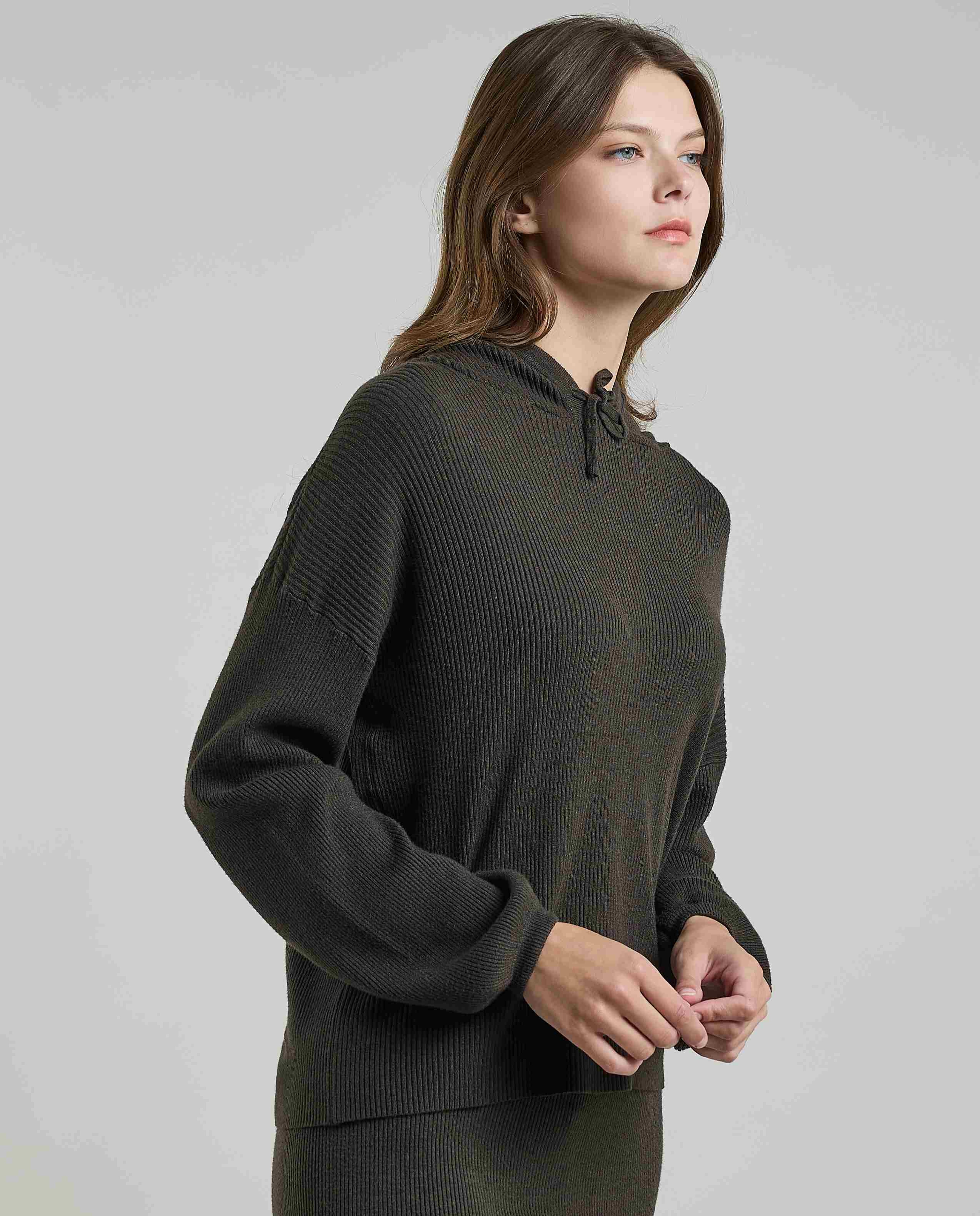 Ribbed Hooded Top with Long Sleeves