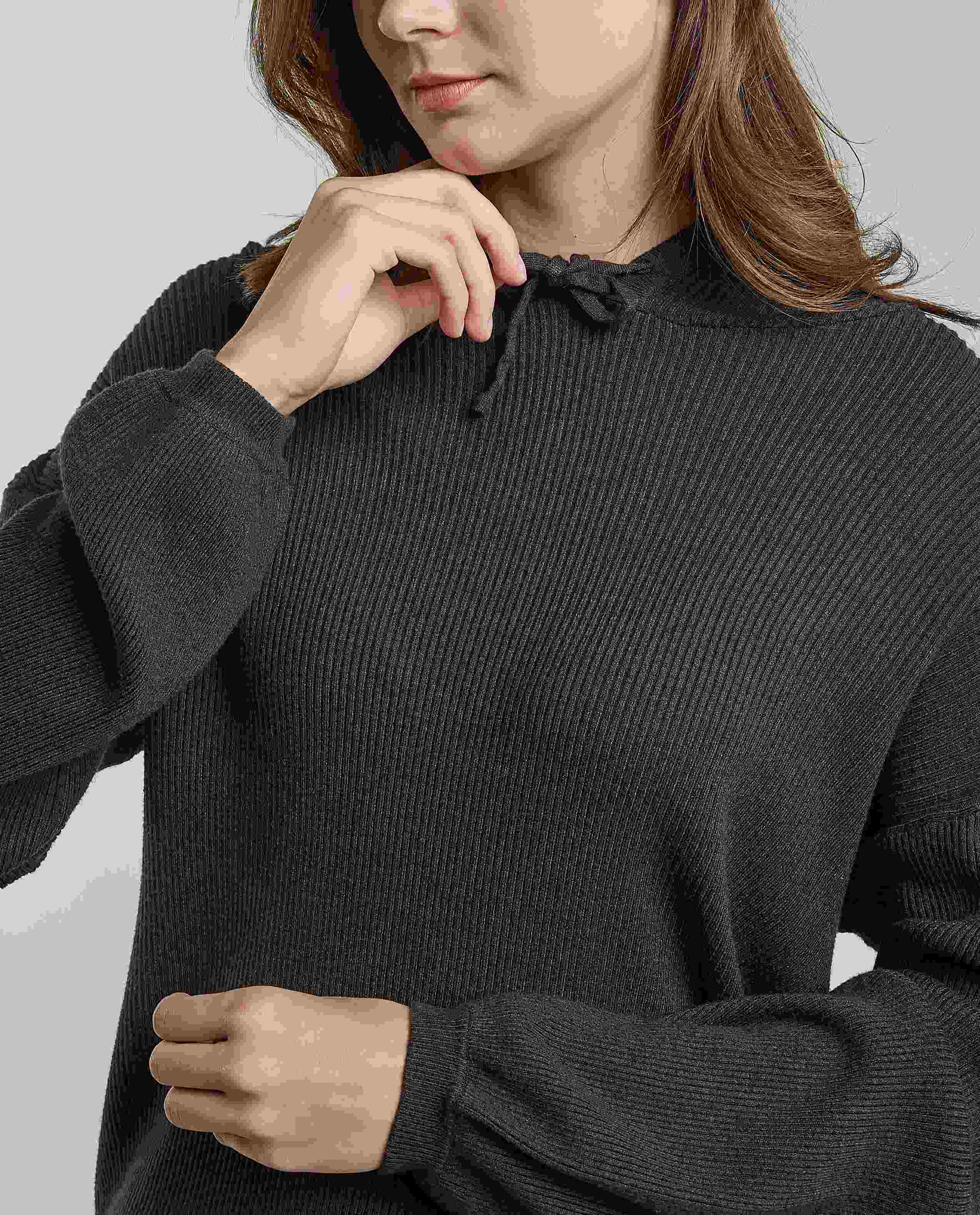 Ribbed Hooded Top with Long Sleeves