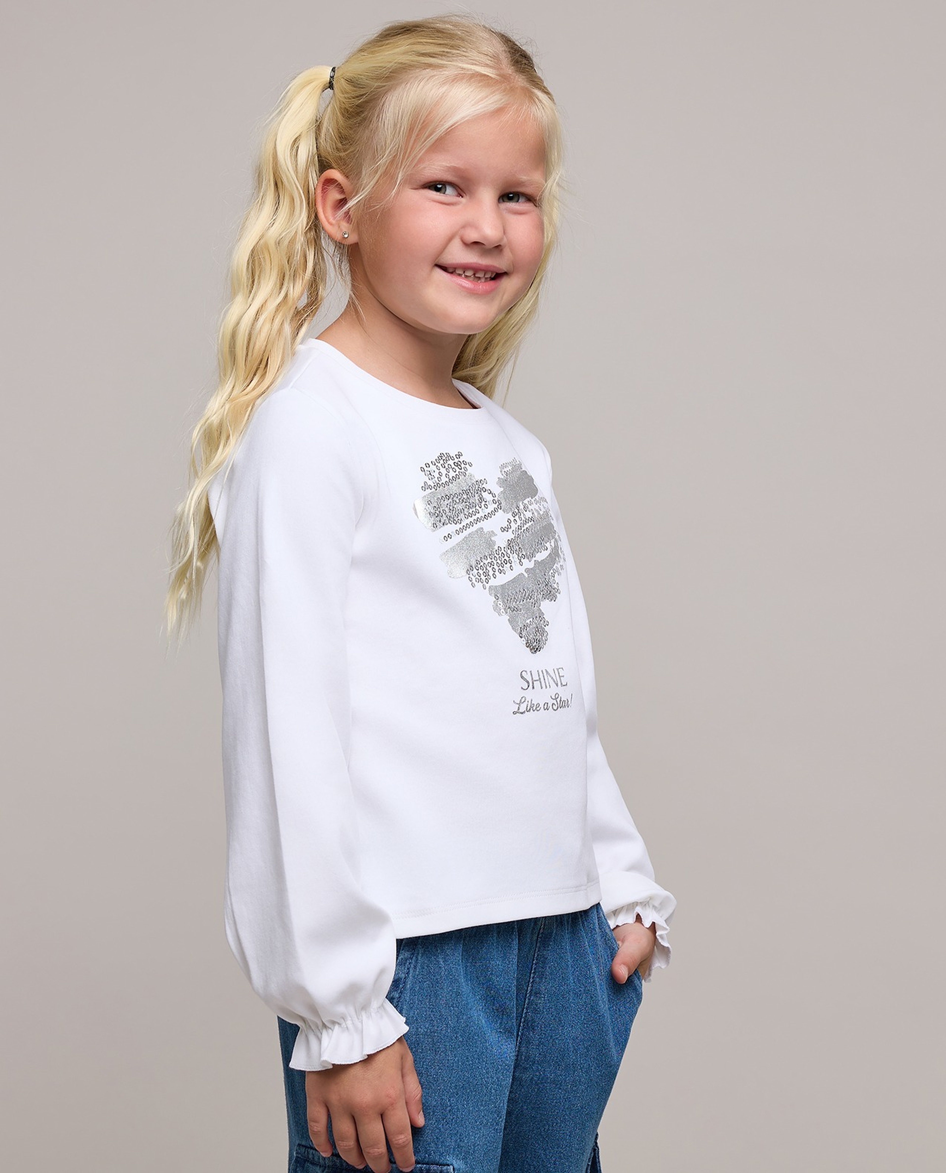 Sequined Top with Crew Neck and Puff Sleeves