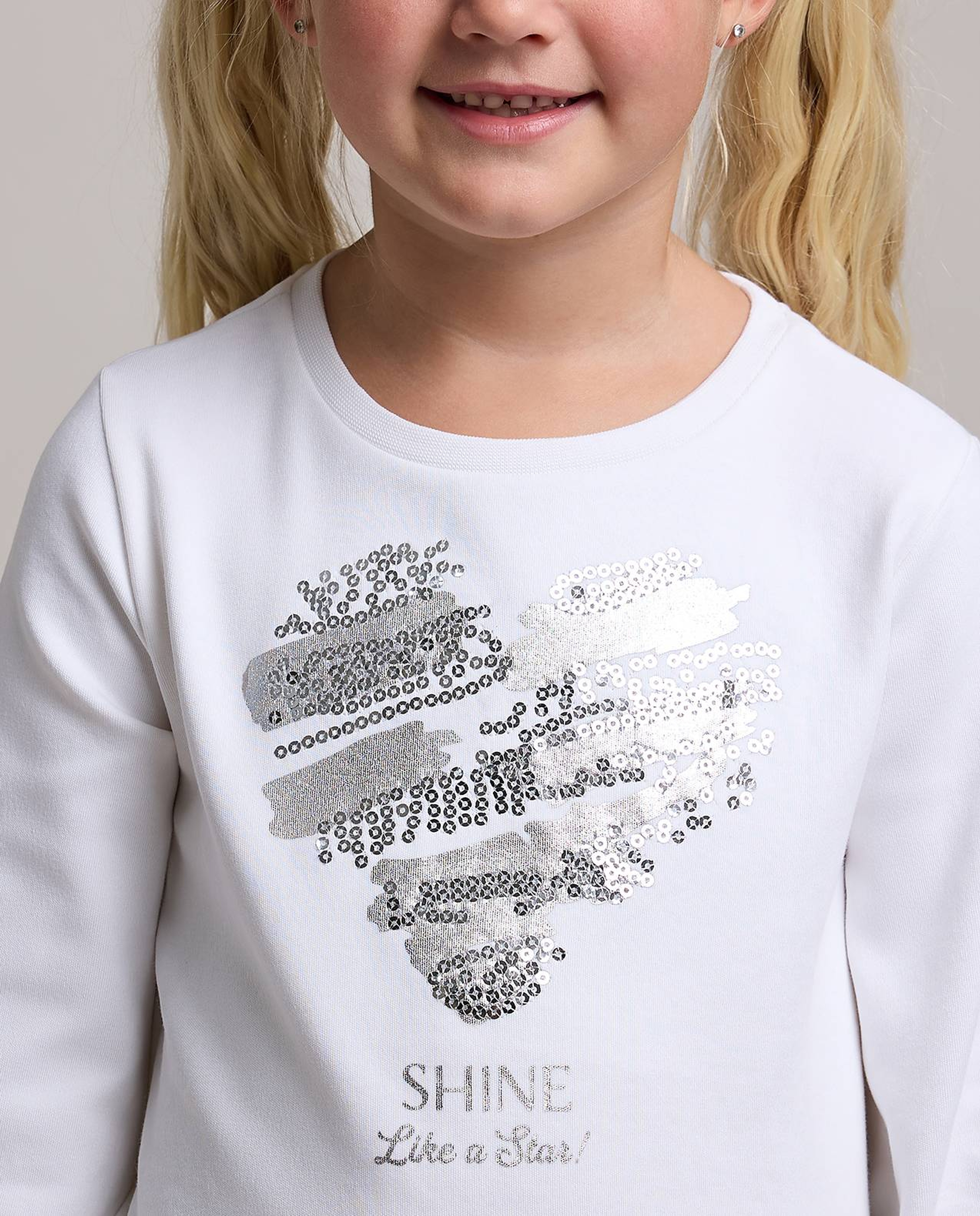 Sequined Top with Crew Neck and Puff Sleeves