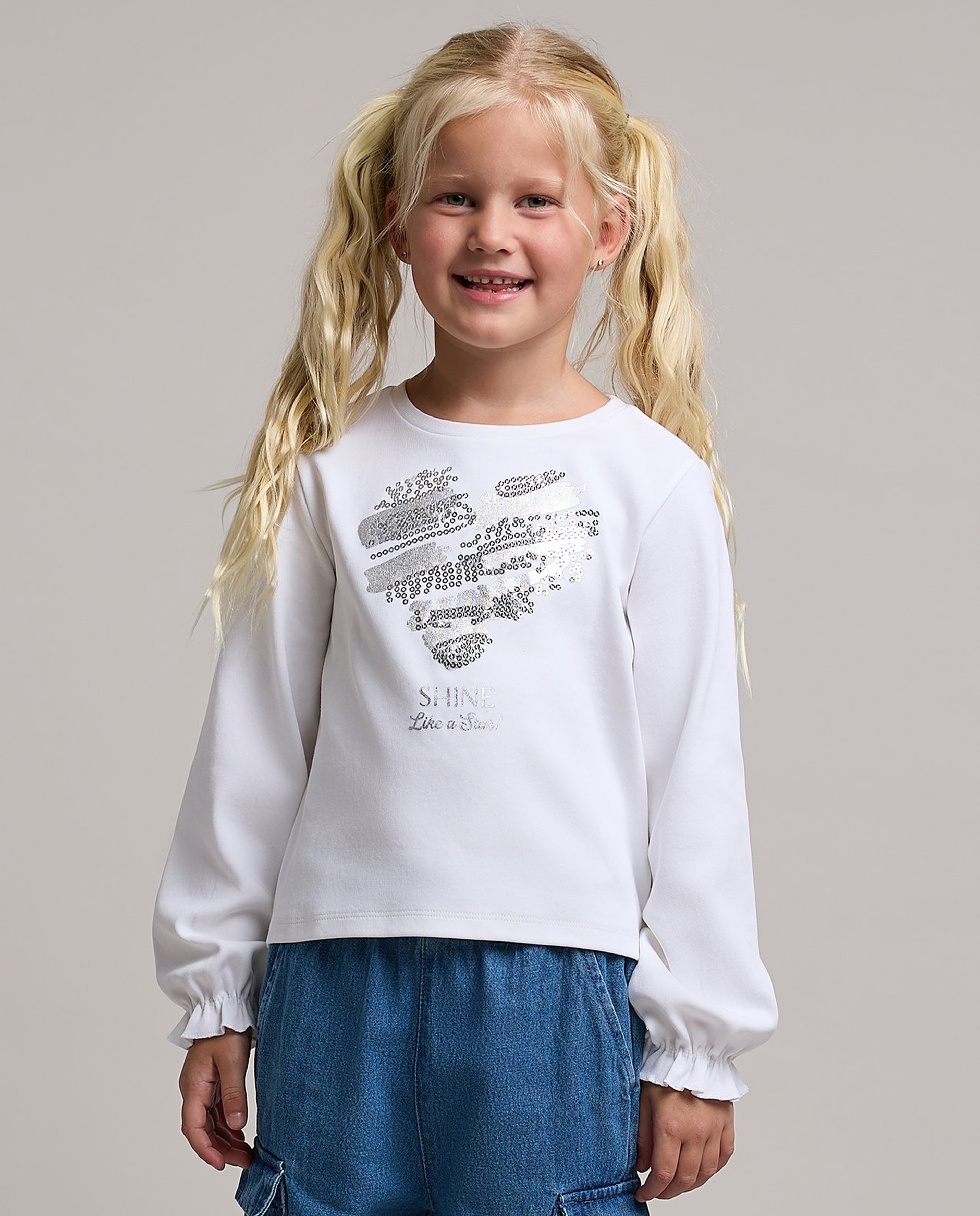 Sequined Top with Crew Neck and Puff Sleeves