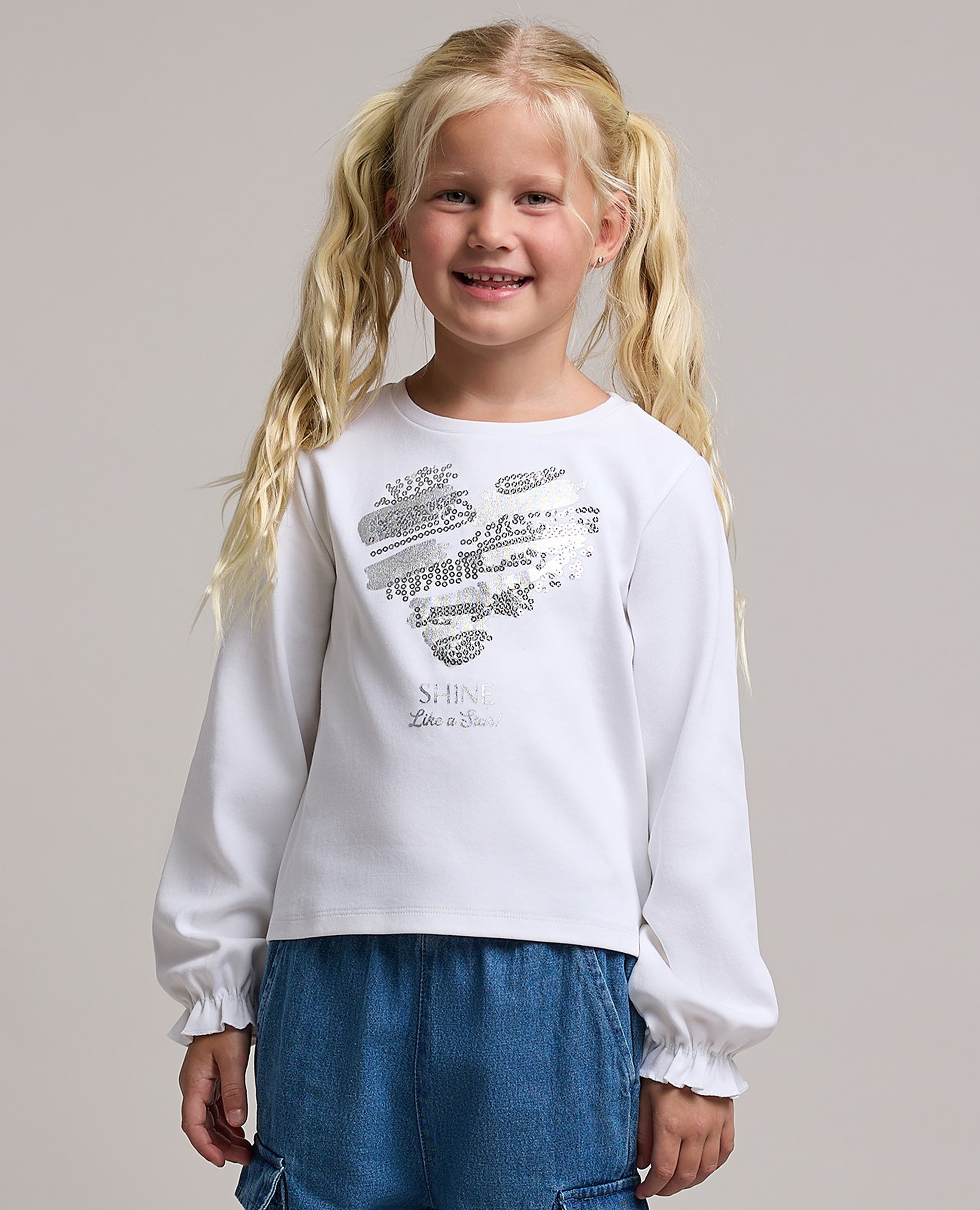 Sequined Top with Crew Neck and Puff Sleeves