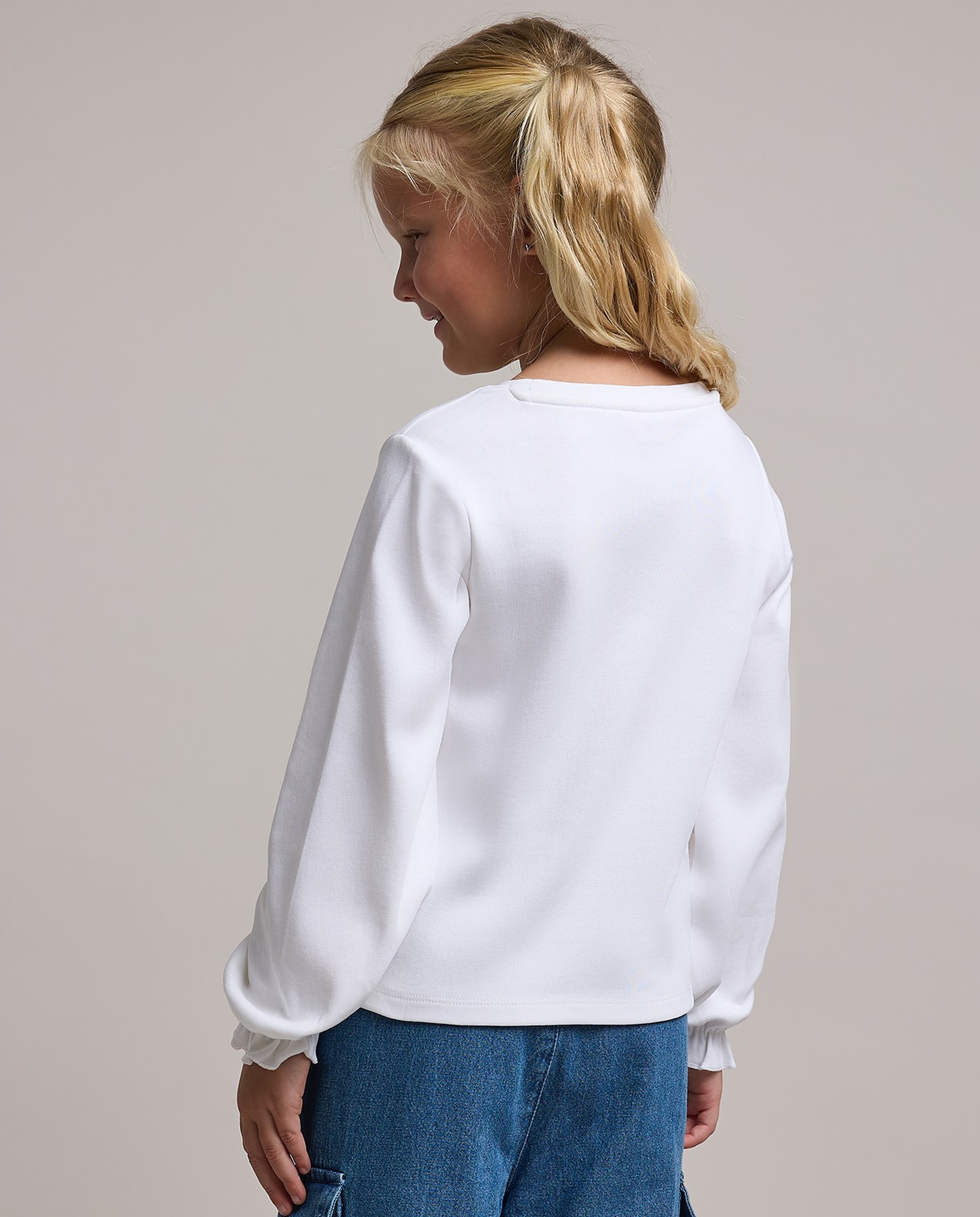 Sequined Top with Crew Neck and Puff Sleeves