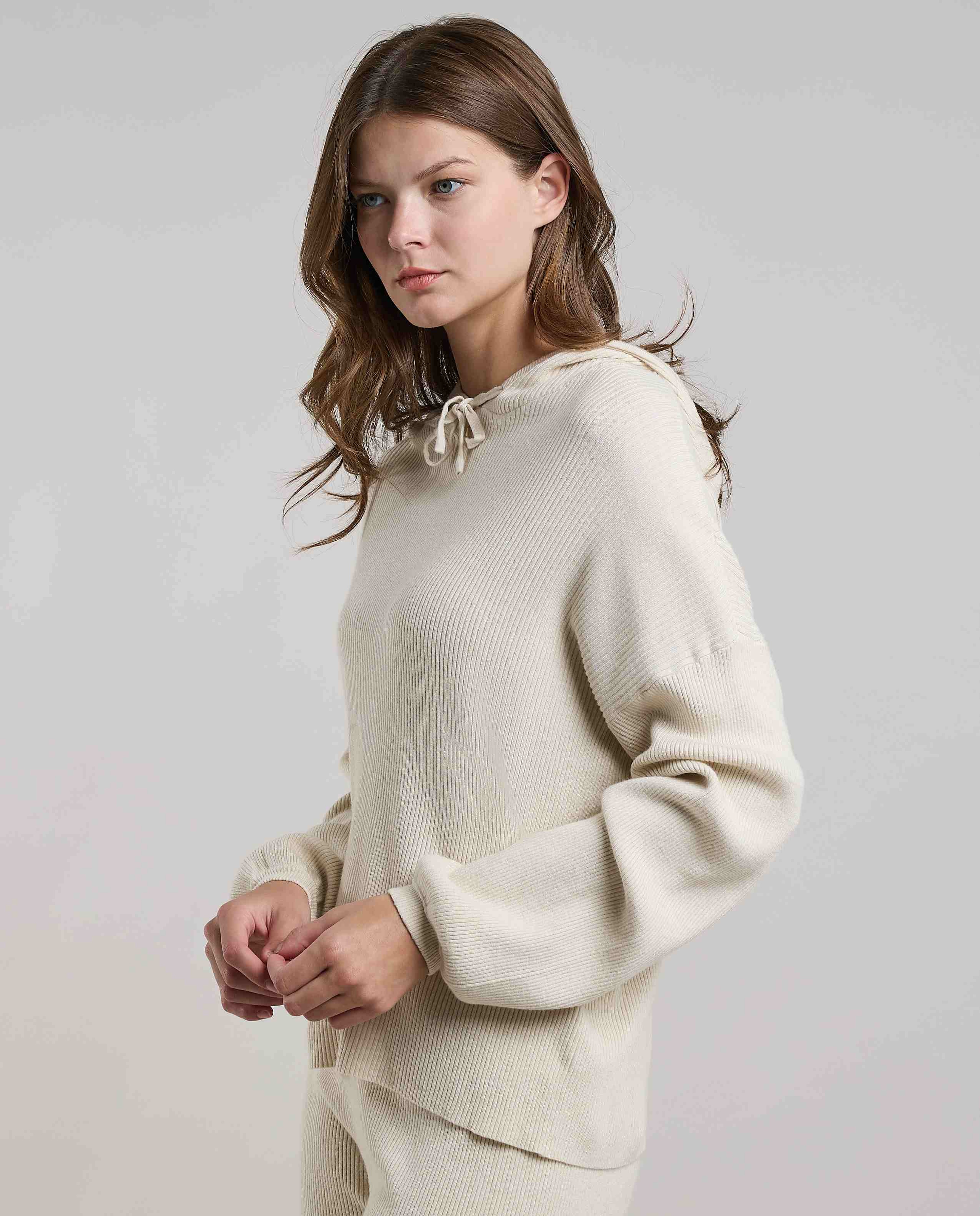 Ribbed Hooded Top with Long Sleeves