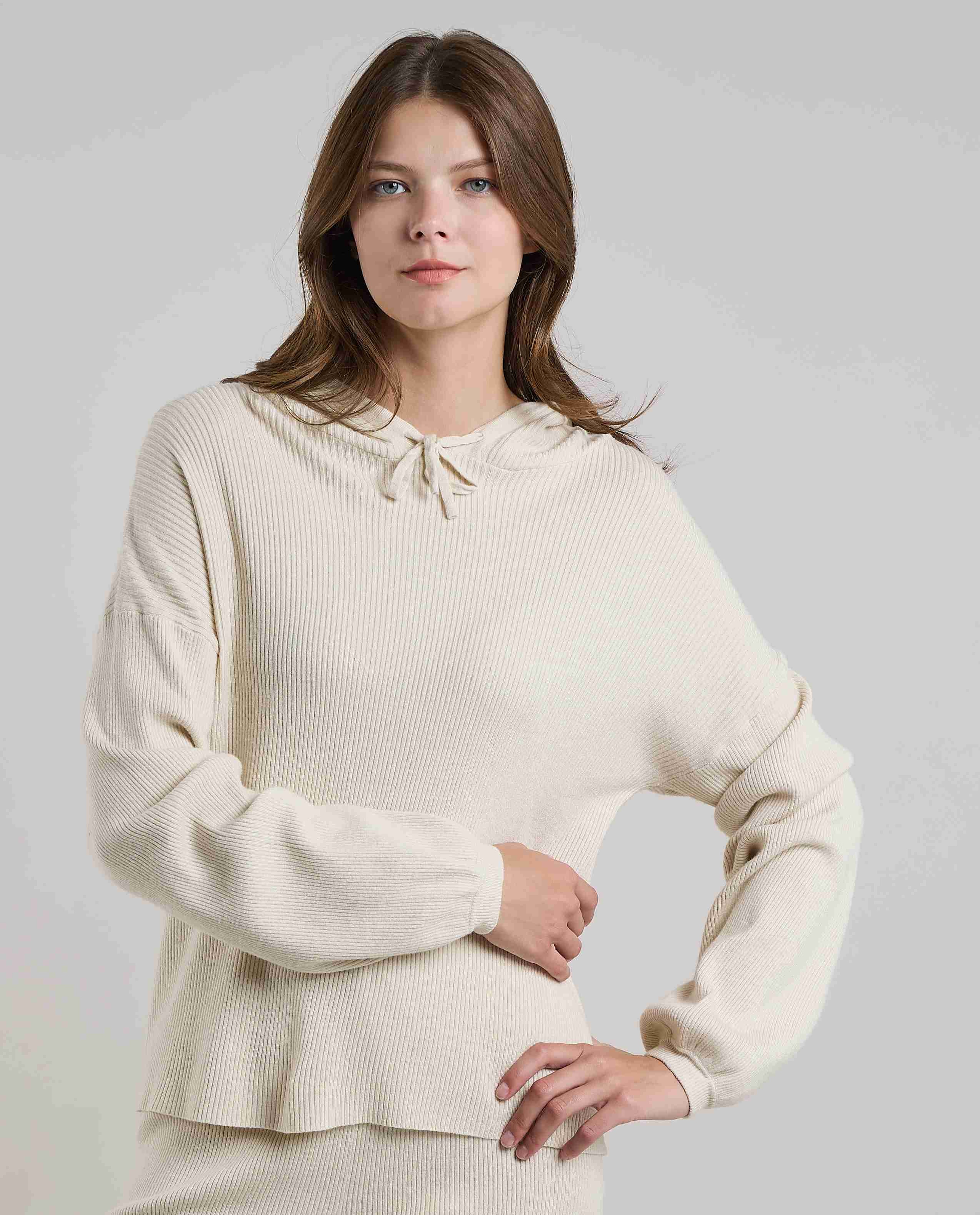 Ribbed Hooded Top with Long Sleeves