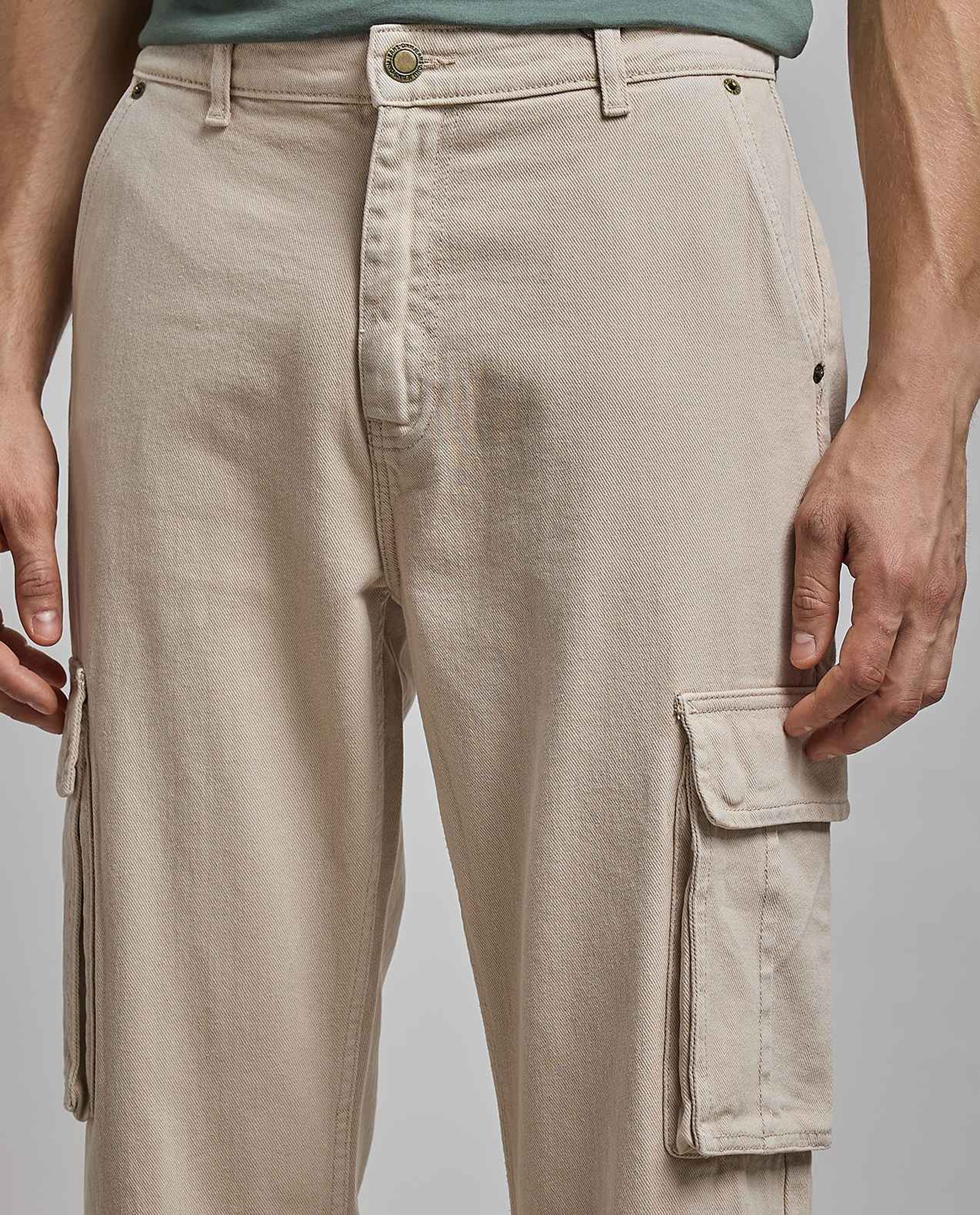 Solid Cargo Jeans with Button Closure