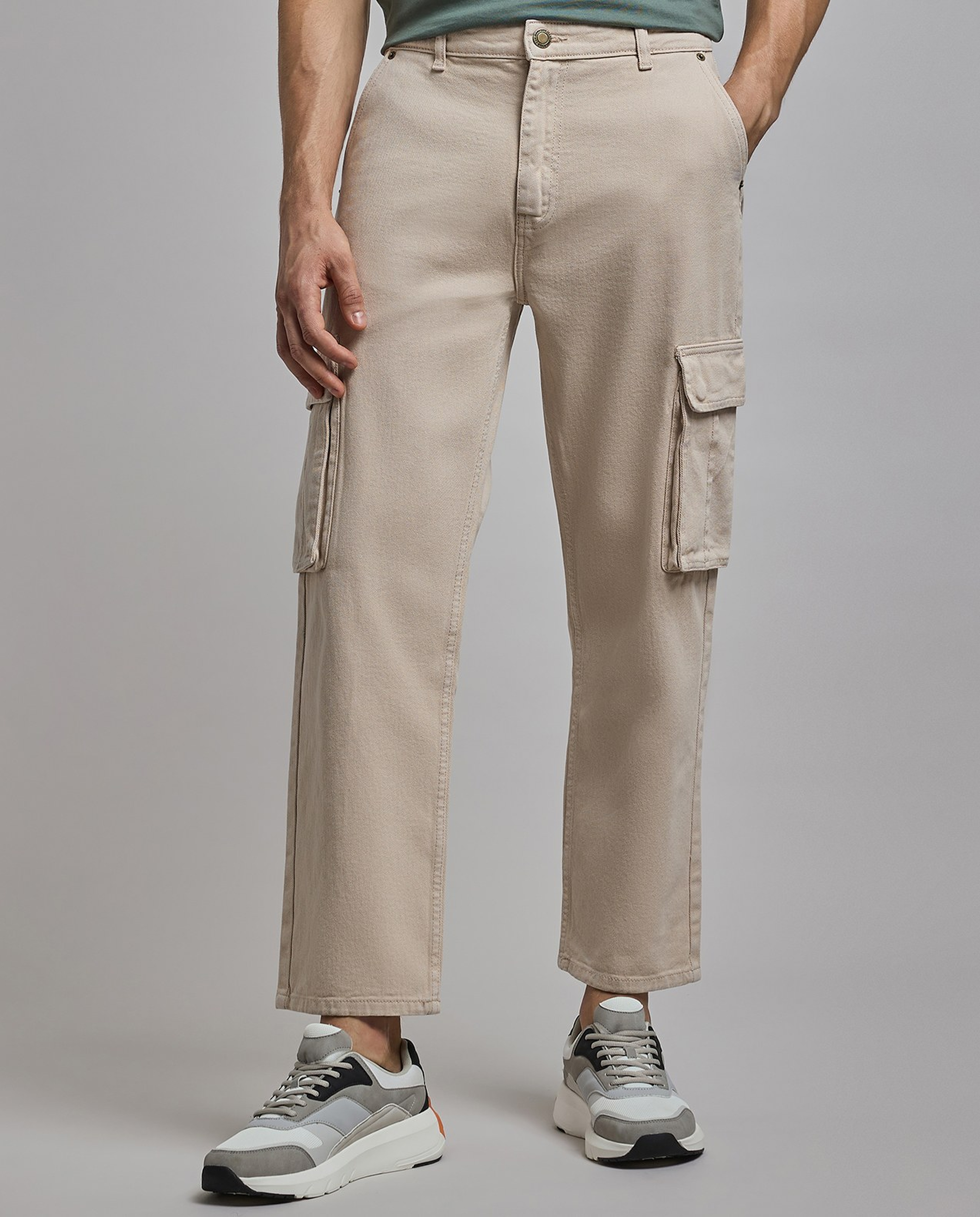 Solid Cargo Jeans with Button Closure