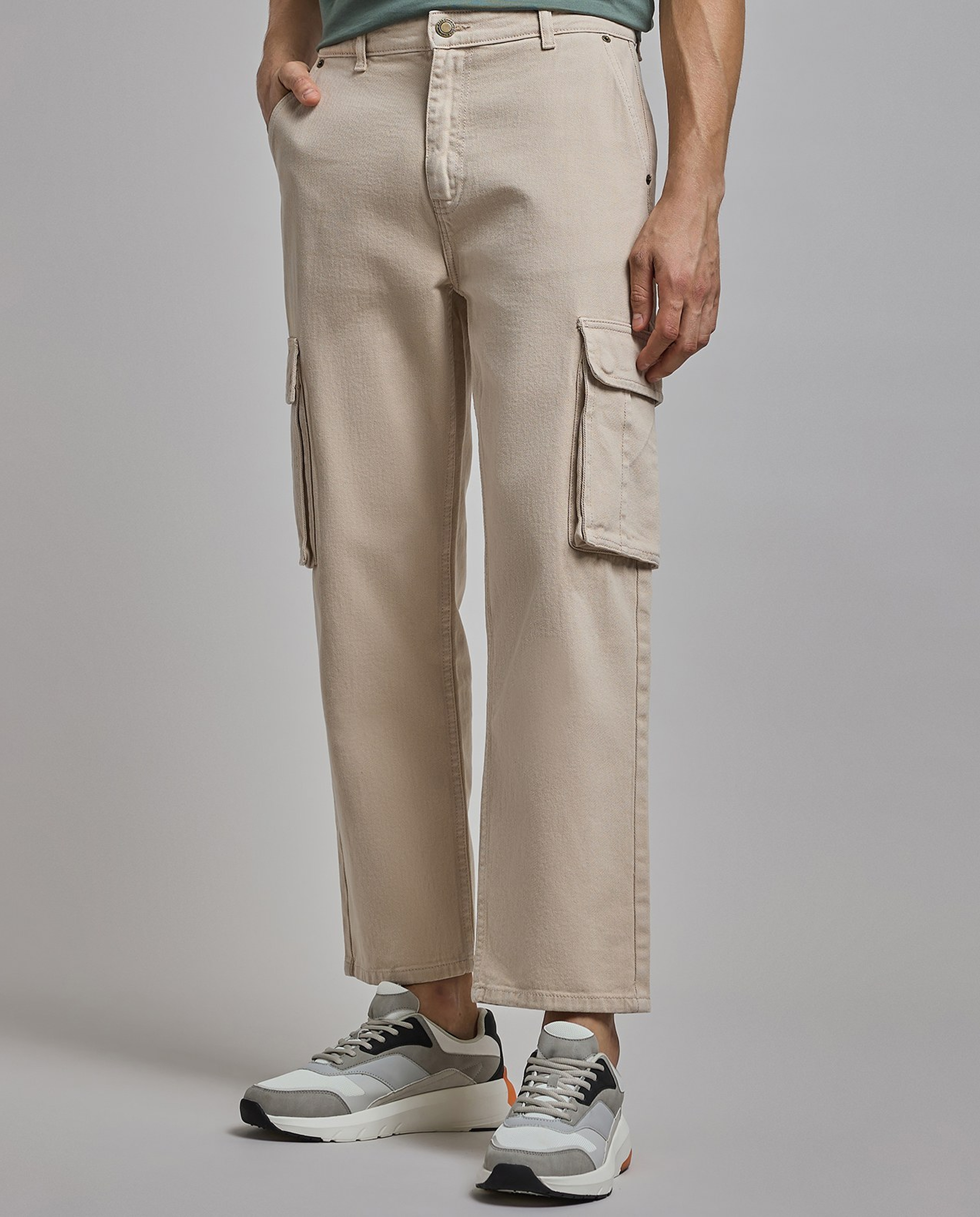 Solid Cargo Jeans with Button Closure