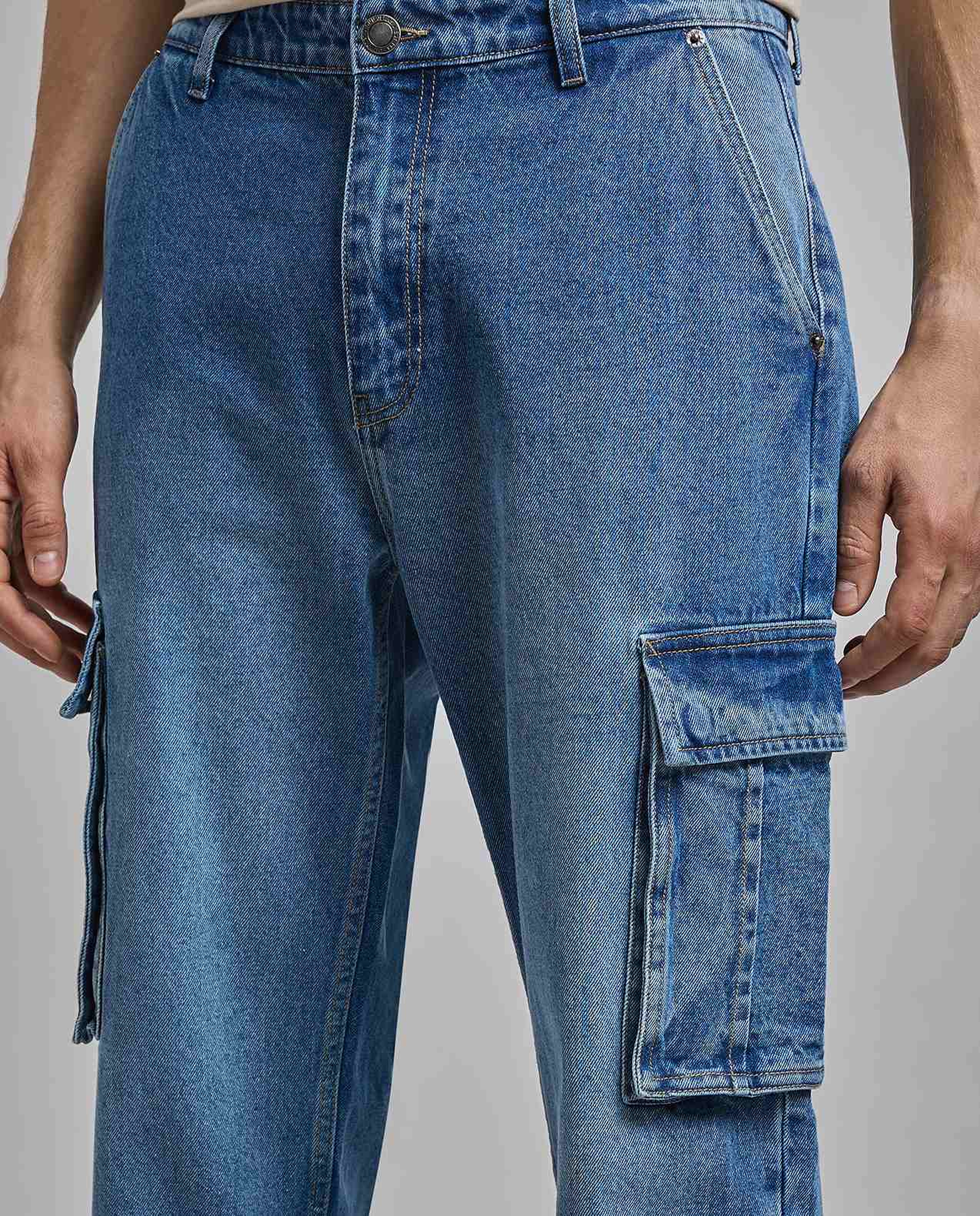 Solid Cargo Jeans with Button Closure