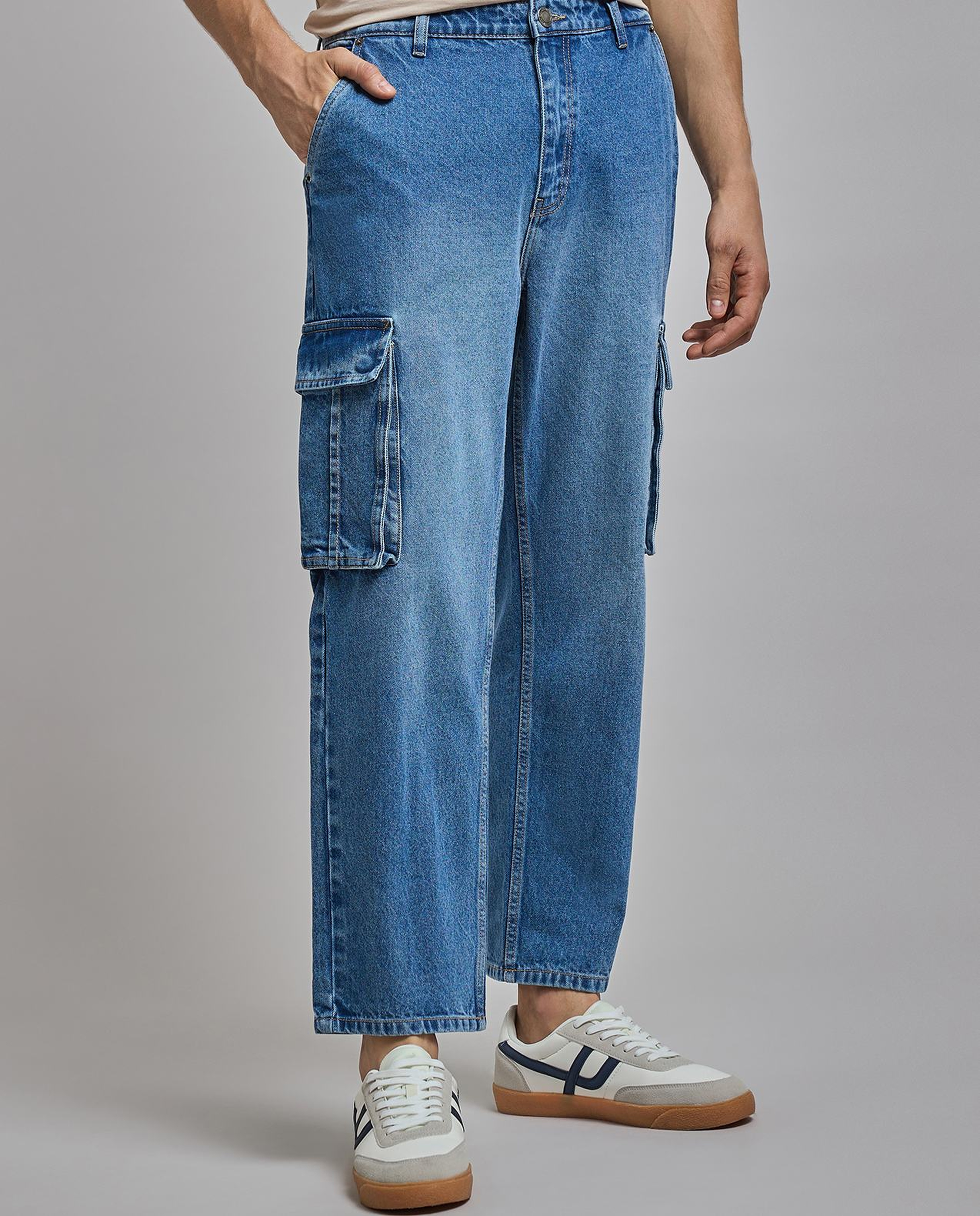 Solid Cargo Jeans with Button Closure