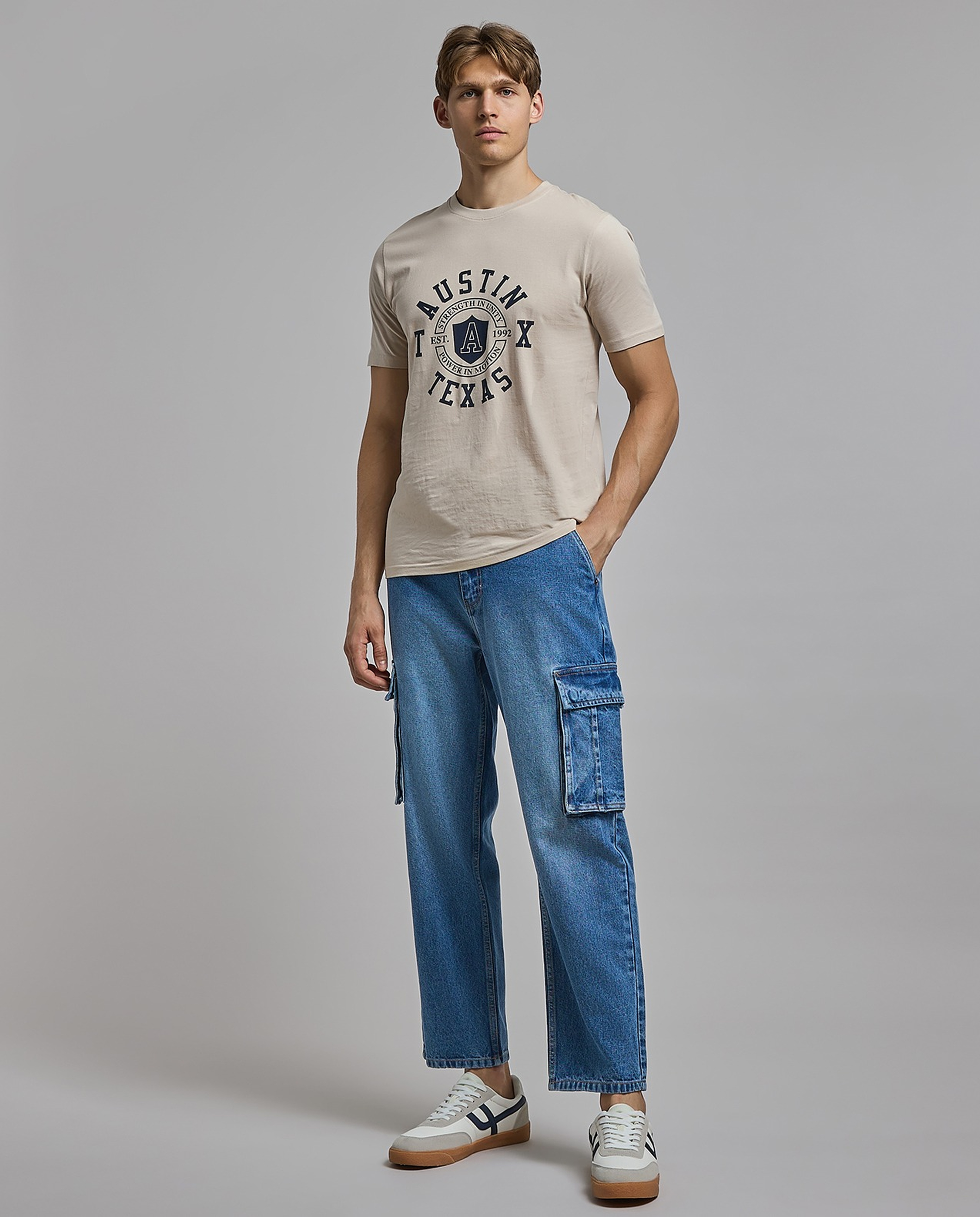 Solid Cargo Jeans with Button Closure