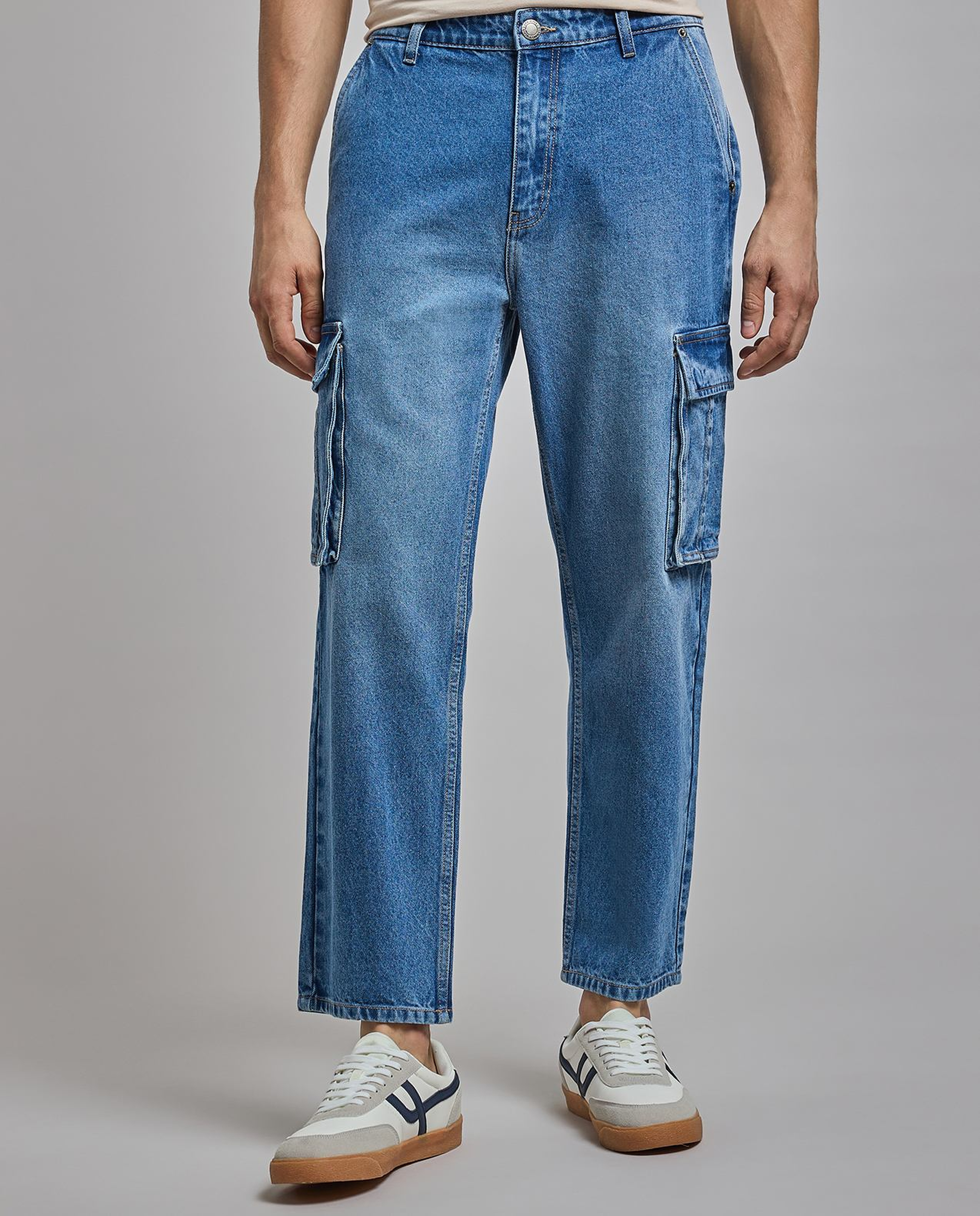 Solid Cargo Jeans with Button Closure