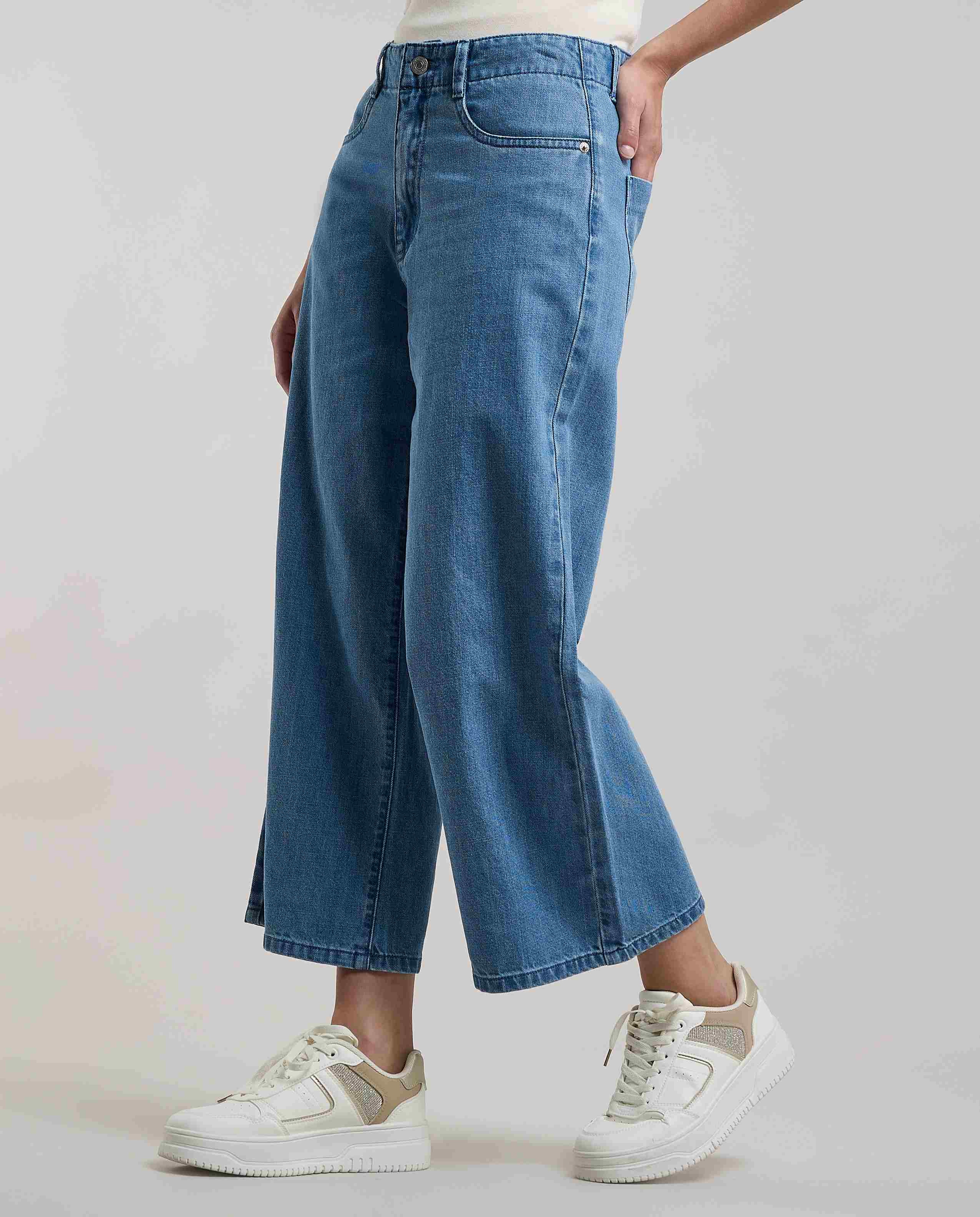 Washed Wide Jeans with Button Closure