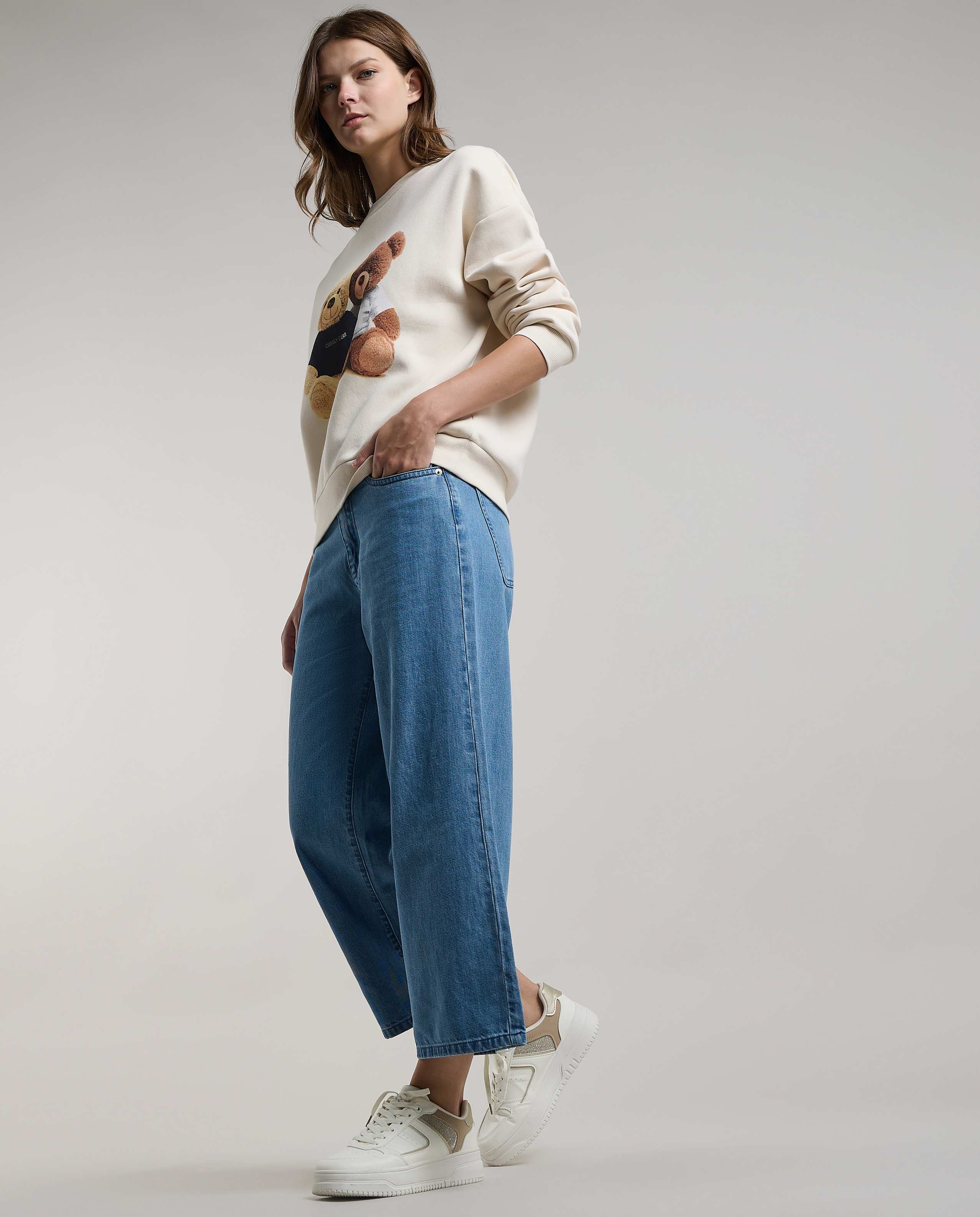 Washed Wide Jeans with Button Closure